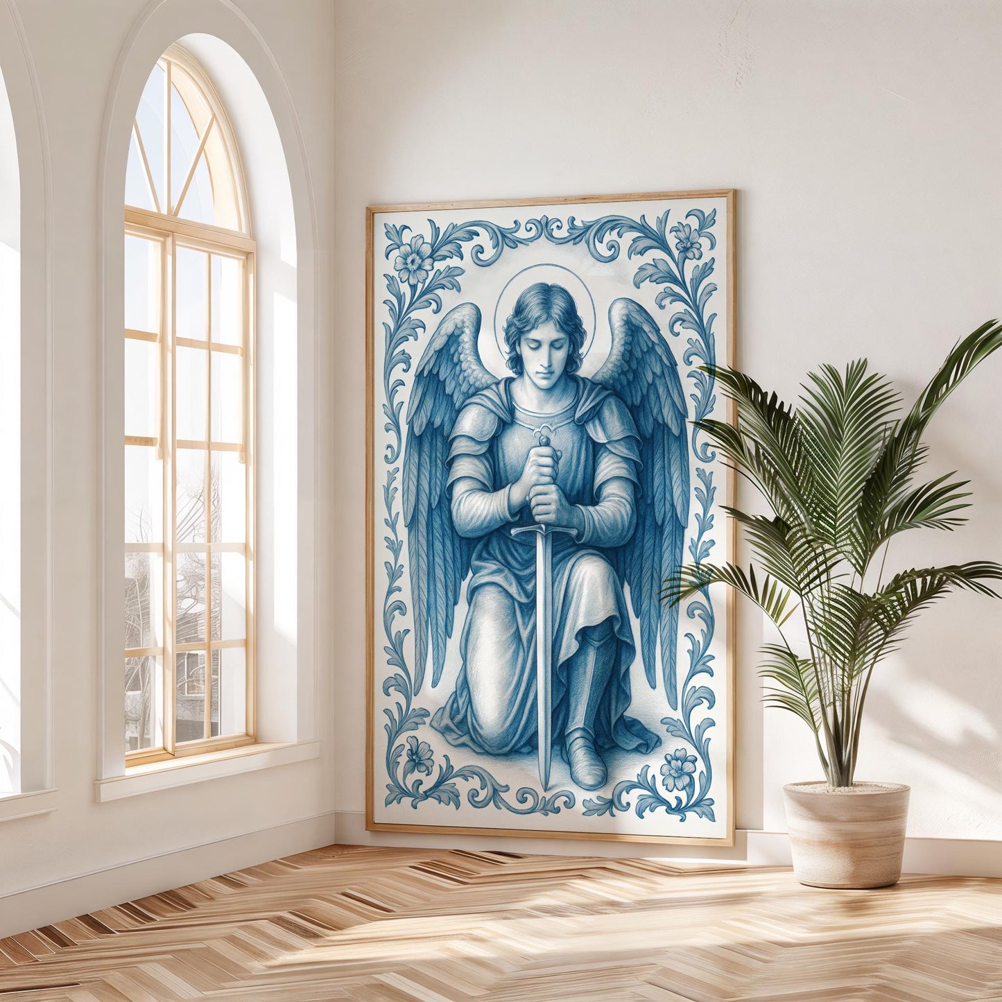 Saint Michael Poster: Catholic Christian Wall Art, Soft Blue Chinoiserie Print