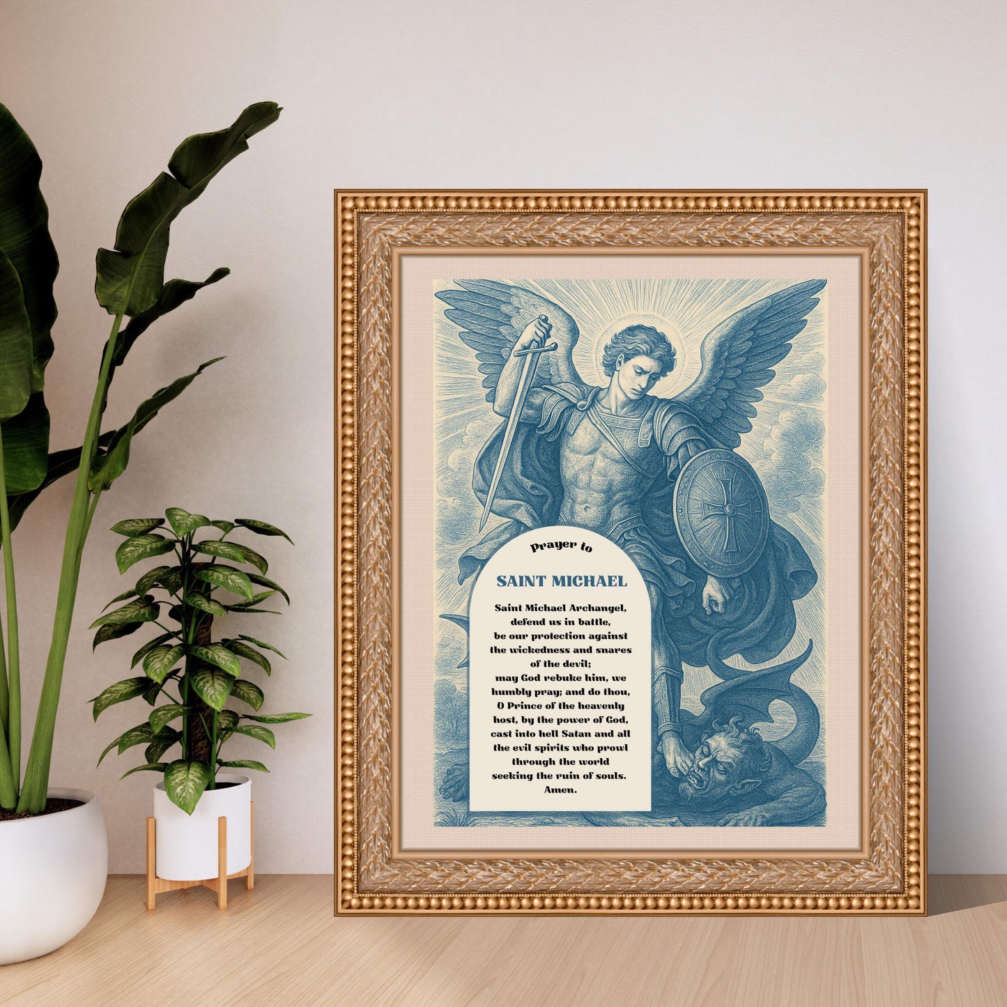 Archangel St Michael Prayer Print: Blue Chinoiserie Catholic Christian Wall Art ⬇️ Digital Download