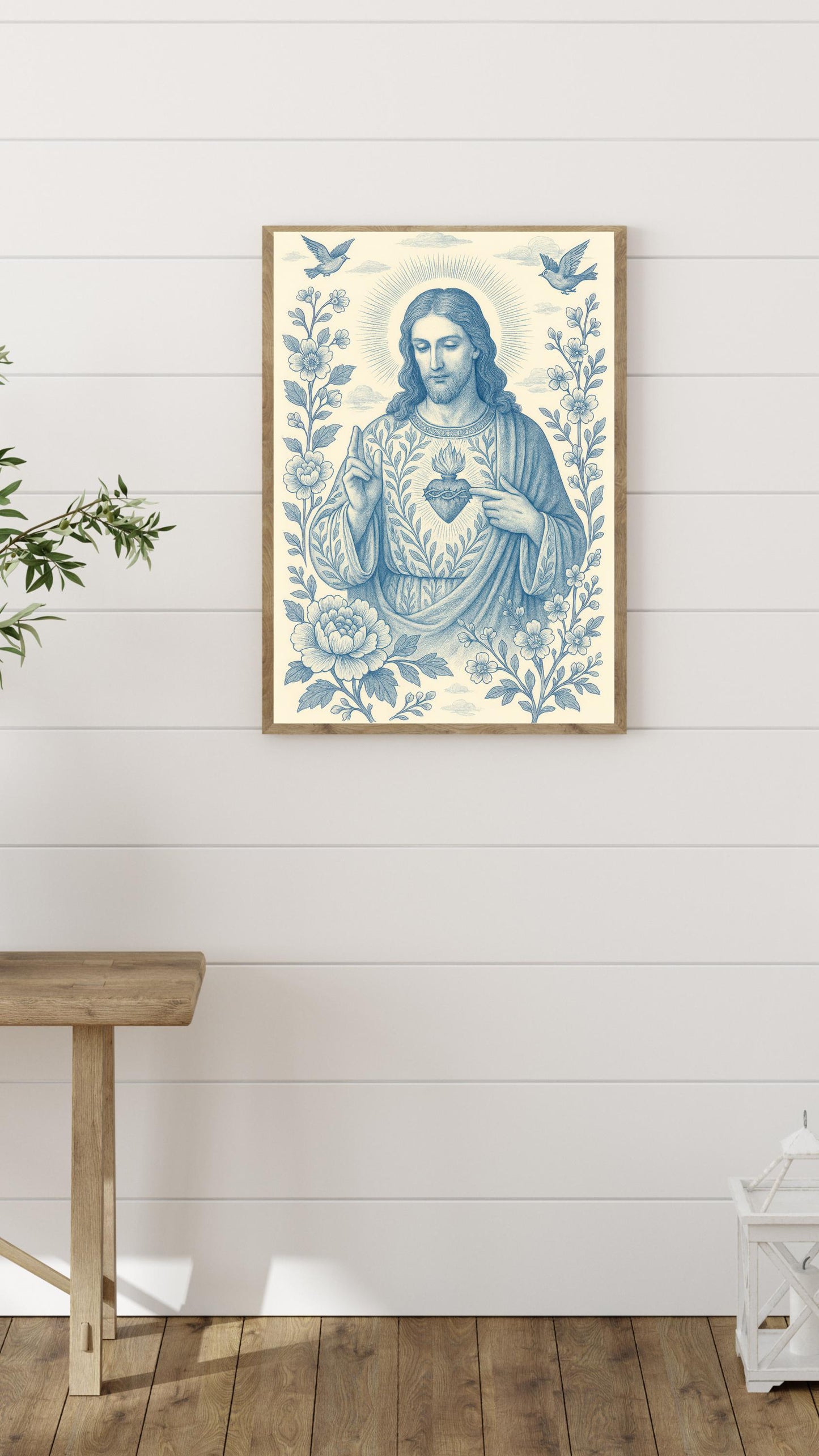 Sacred Heart and Divine Mercy of Jesus: Blue and White Chinoiserie Catholic Christian Wall Art ⬇️ Digital Download