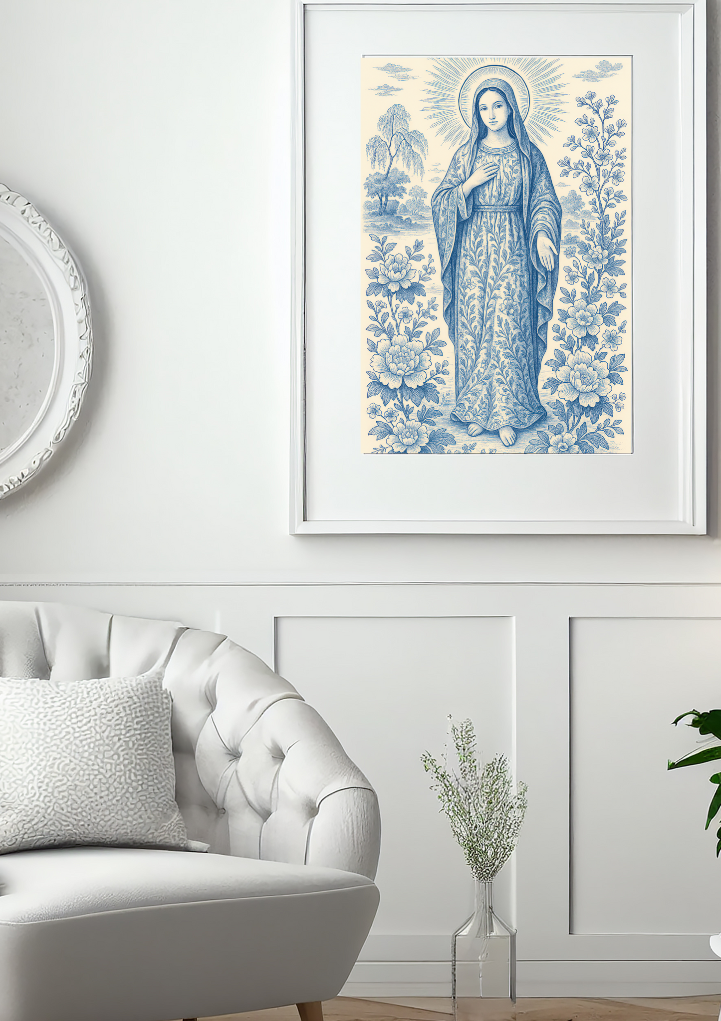 Religious Chinoiserie Vertical Posters, Matte Wall Art, Virgin Mary Decor, Christian Home Decoration, Spiritual Prints