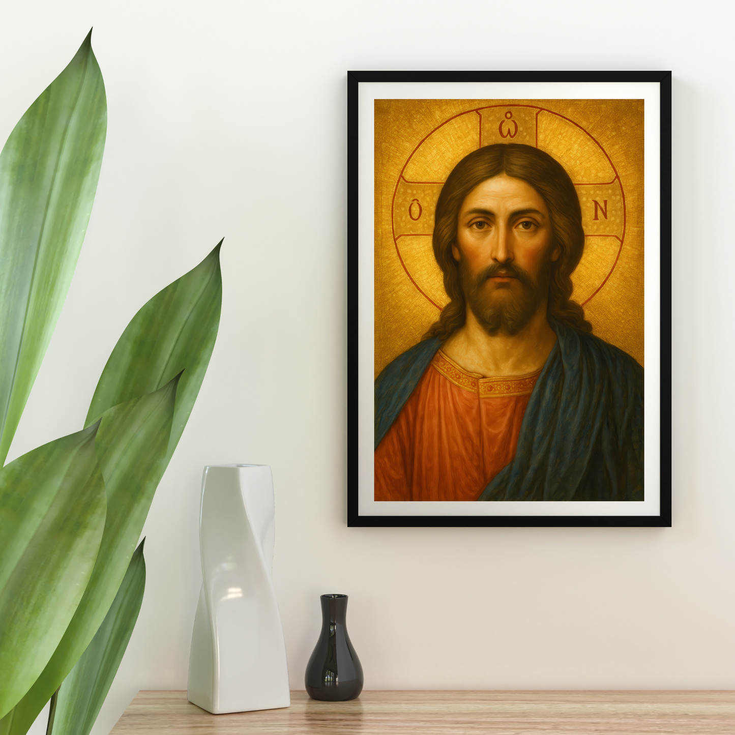 Jesus Christ Traditional Orthodox Byzantine Icon Oil Portrait Style Painting in Gold with Greek Halo - He Who Is - Religious Wall Art