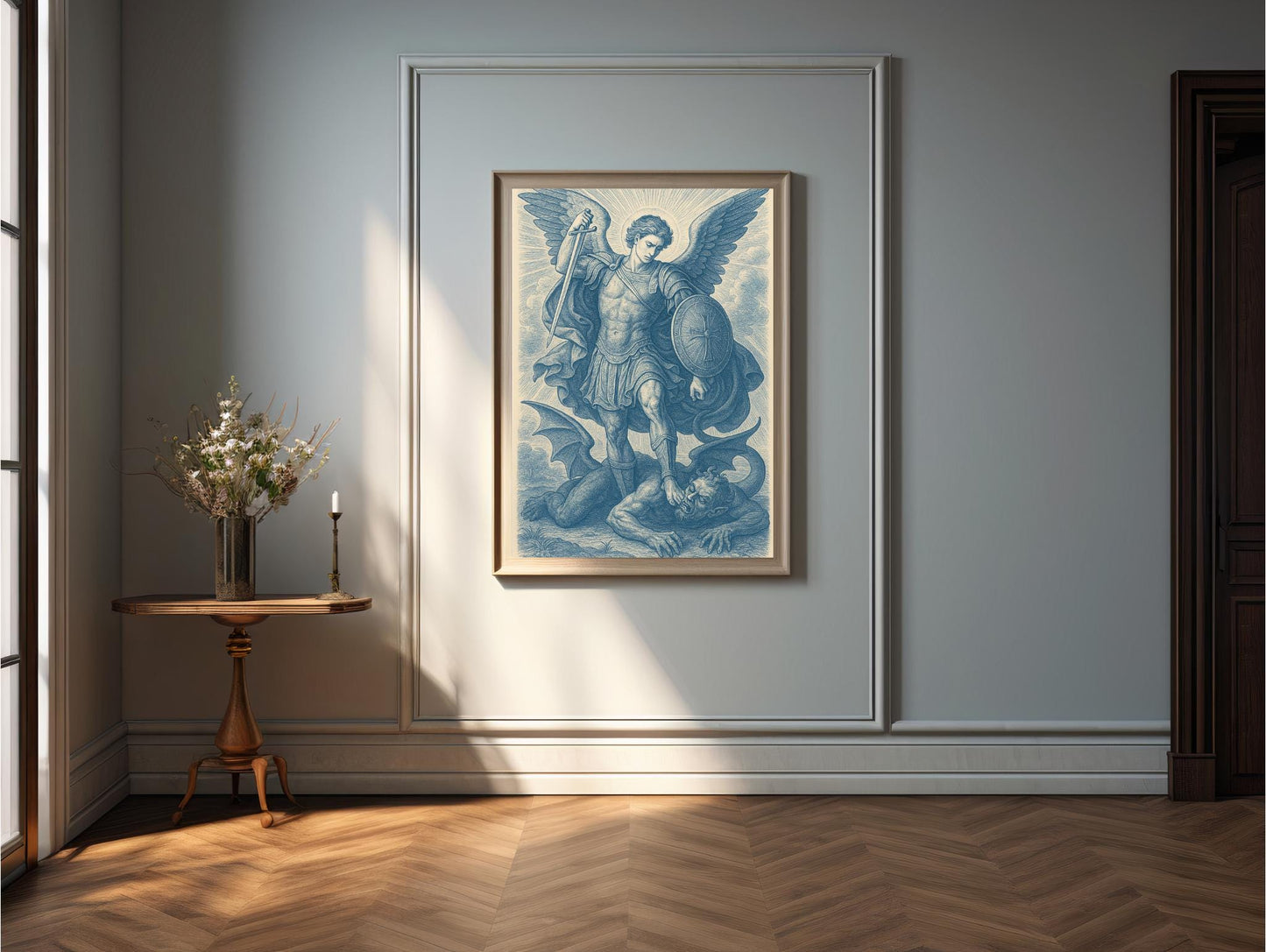 Saint Michael Digital Art: Chinoiserie Style Art Print, Christian Archangel Warrior for Protection with Sword & Shield, Faith Gift ⬇️ Digital Download
