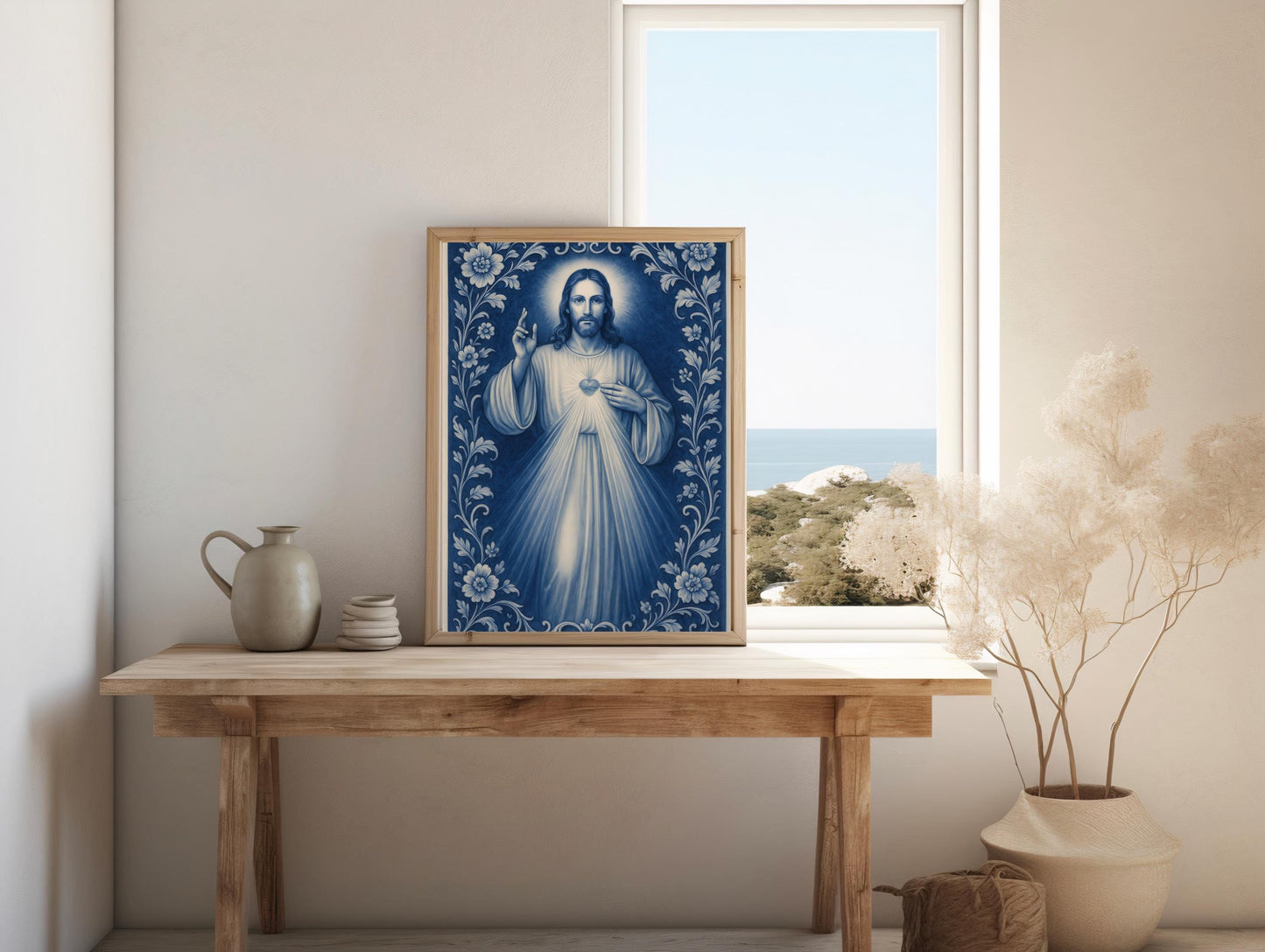 Divine Mercy Print: Blue Chinoiserie Sacred Heart Catholic Christian Wall Art ⬇️ Digital Download