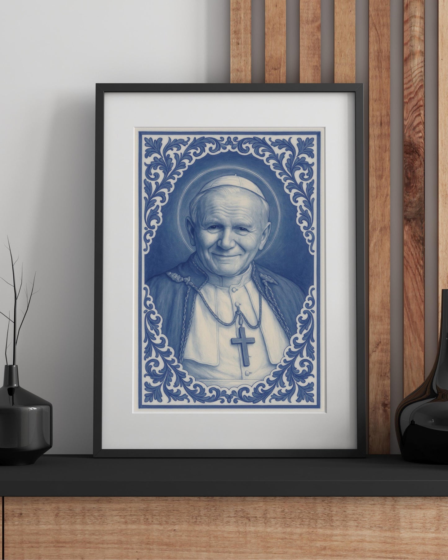 Blue & White Chinoiserie Catholic Wall Art: Sacred Religious Print, Delft Style Christian Poster, Vintage Devotional ⬇️ Digital Download