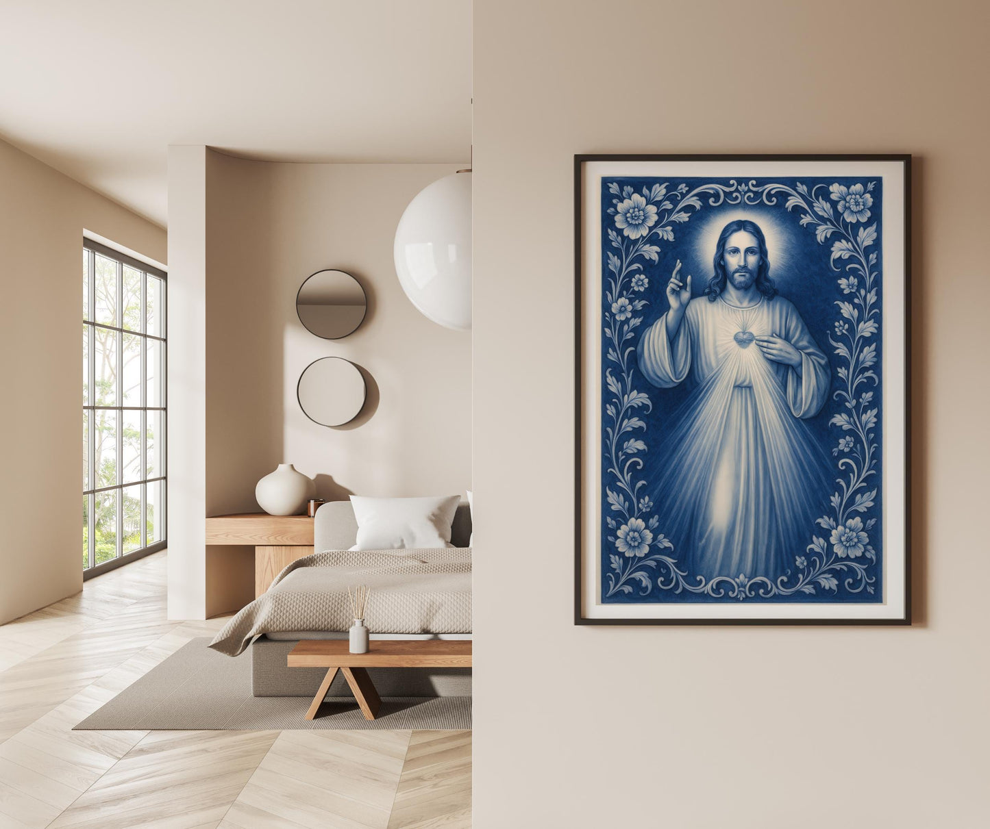Divine Mercy Print: Blue Chinoiserie Sacred Heart Catholic Christian Wall Art ⬇️ Digital Download