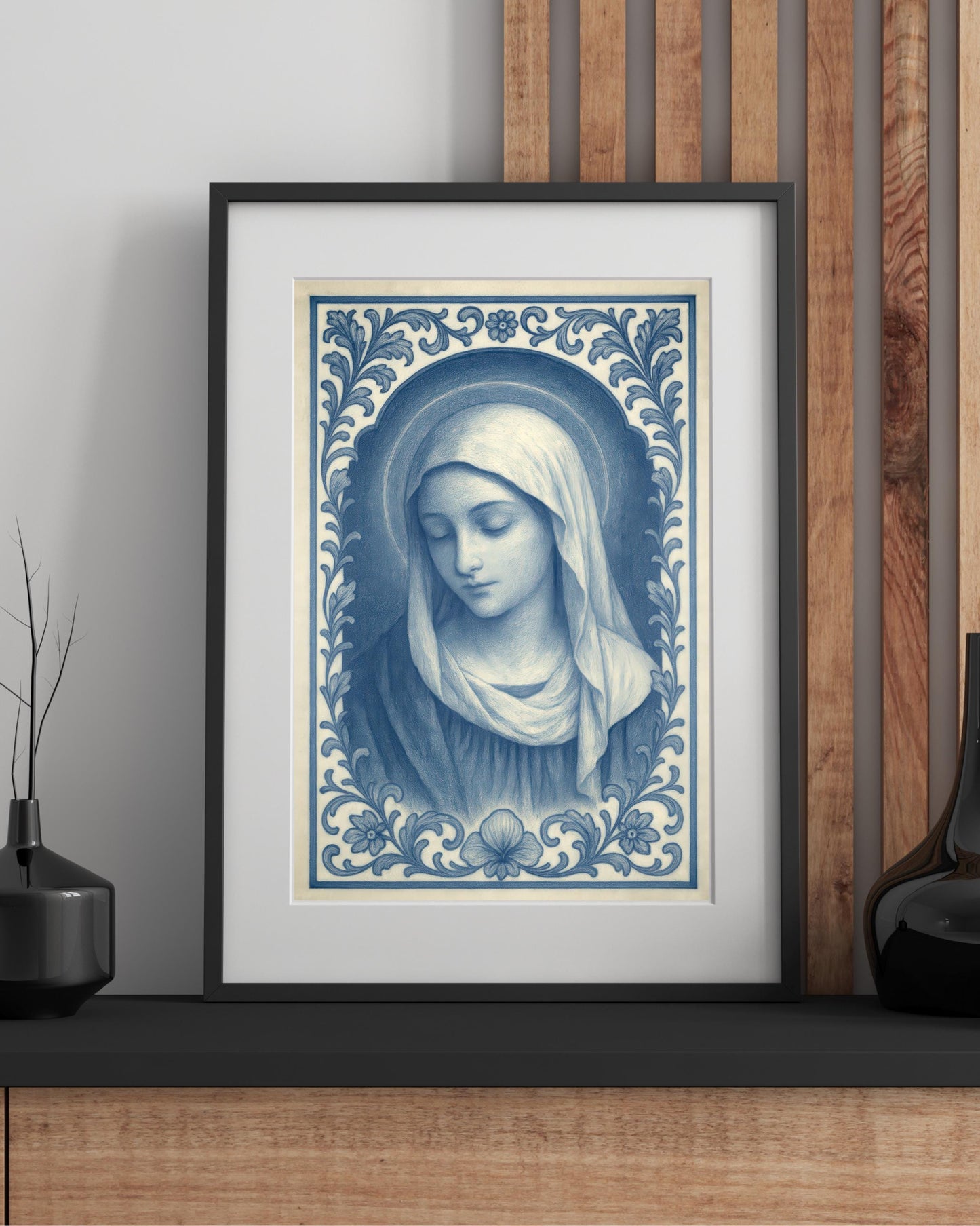Virgin Mary Chinoiserie Art Print: Blue & White Catholic Christian Wall Art Decor ⬇️ Digital Download