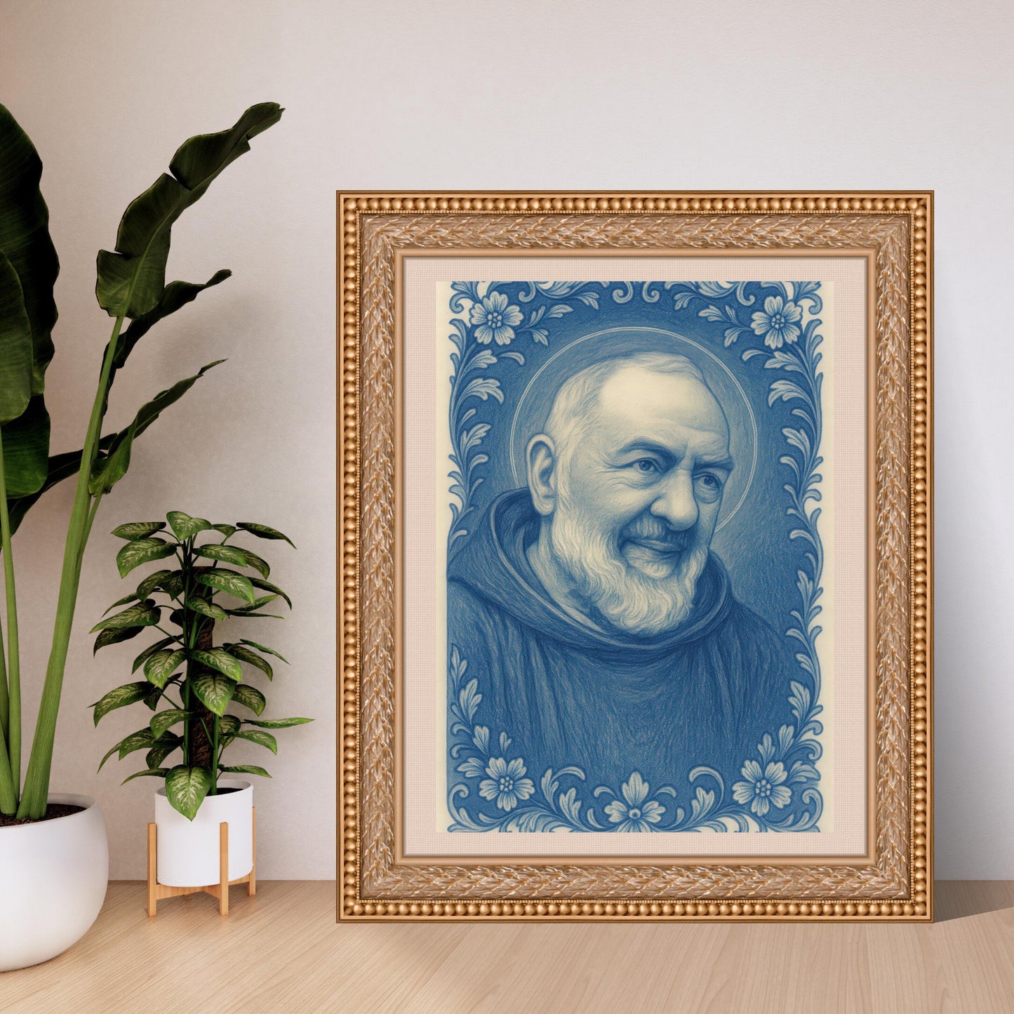 Saint Padre Pio Chinoiserie Art: Catholic Icon with Baroque Floral Border, Christian Wall Art ⬇️ Digital Download