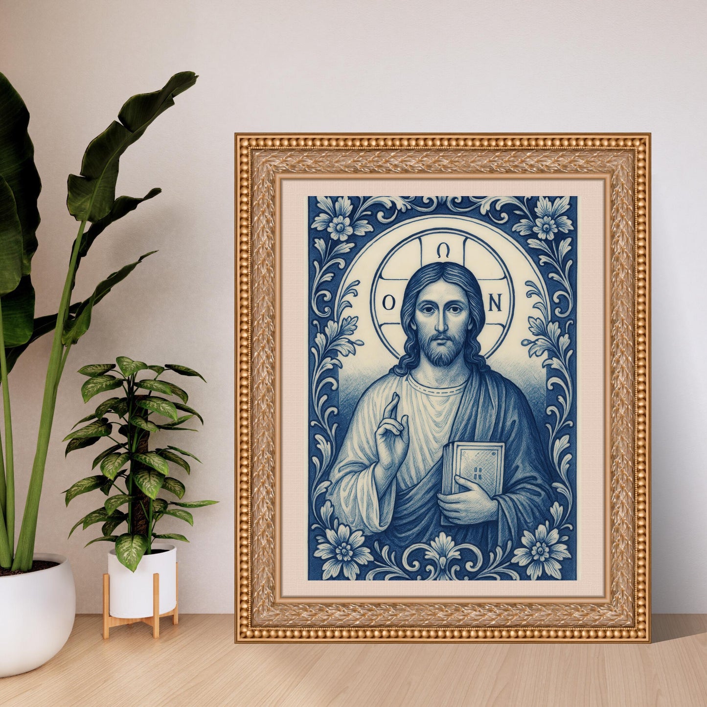 Delft Blue Jesus Christ Print: Byzantine Chinoiserie Religious Christian Wall Art ⬇️ Digital Download