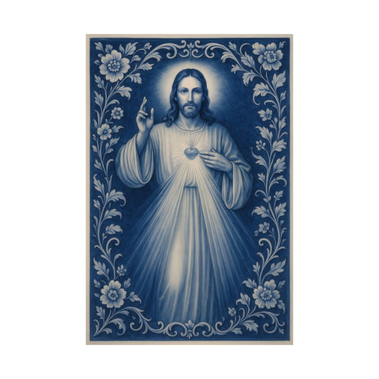 Divine Mercy of Jesus Blue Chinoiserie Satin Poster Wall Art, Catholic Christian Print, Delft Porcelain Inspired Decor, Sacred Heart