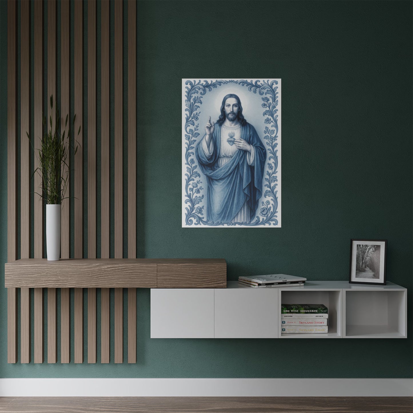 Religious Satin Poster, Jesus Christ Catholic Christian Decor, Soft Blue Chinoiserie Wall Art Print - Satin Poster, Christian Wall Art,