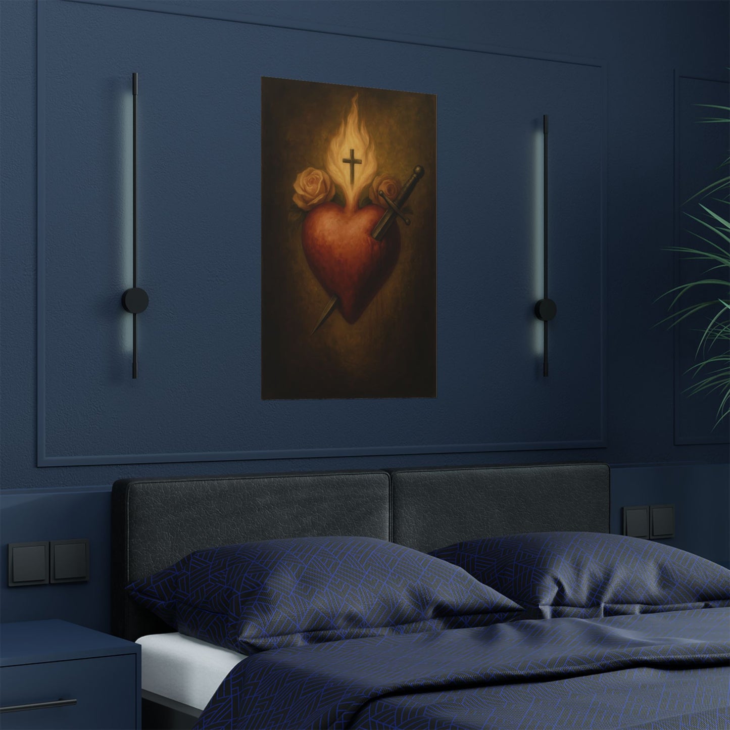 Poster, Immaculate Heart of Virgin Mary Traditional Print Catholic Wall Decor, Sacred Symbol With Roses and Dagger, Virgin Mary Art, Satin
