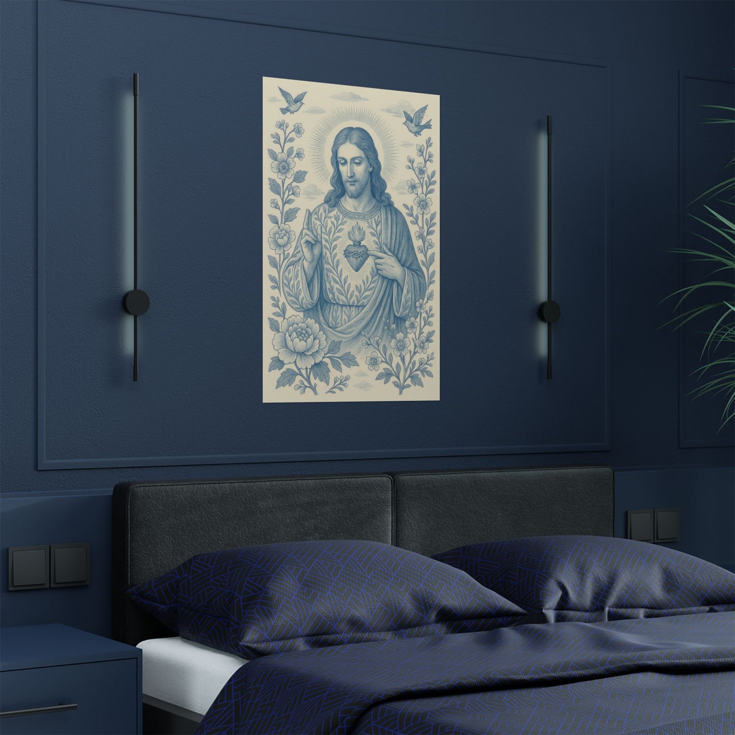 Sacred Heart of Jesus Blue and White Chinoiserie Catholic Art Print Satin Poster, Faith Wall Decor 2:3 Ratio, Religious Home Decor, Unique