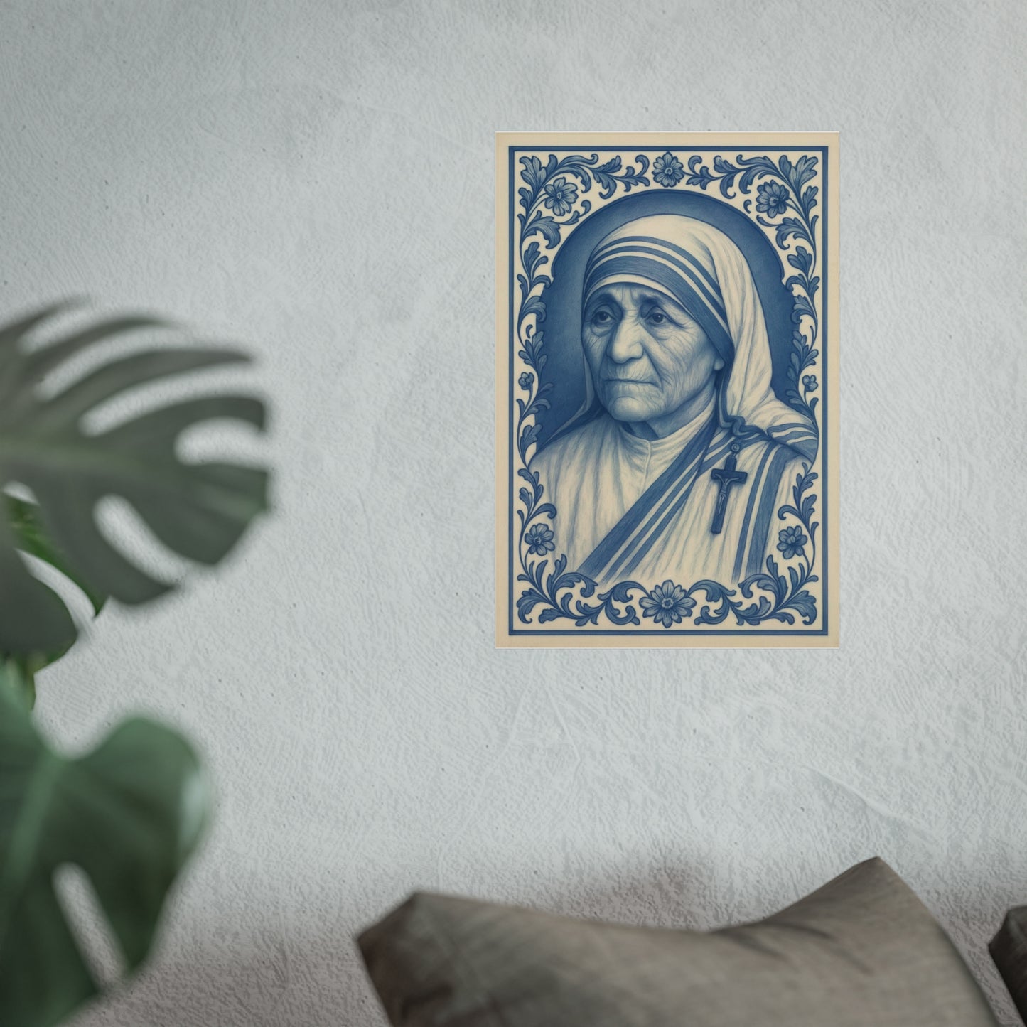 Religious Chinoiserie Poster, Mother Teresa Wall Art, Fine Art Posters for Catholics, Baroque Floral Border Print, Inspirational Catholic