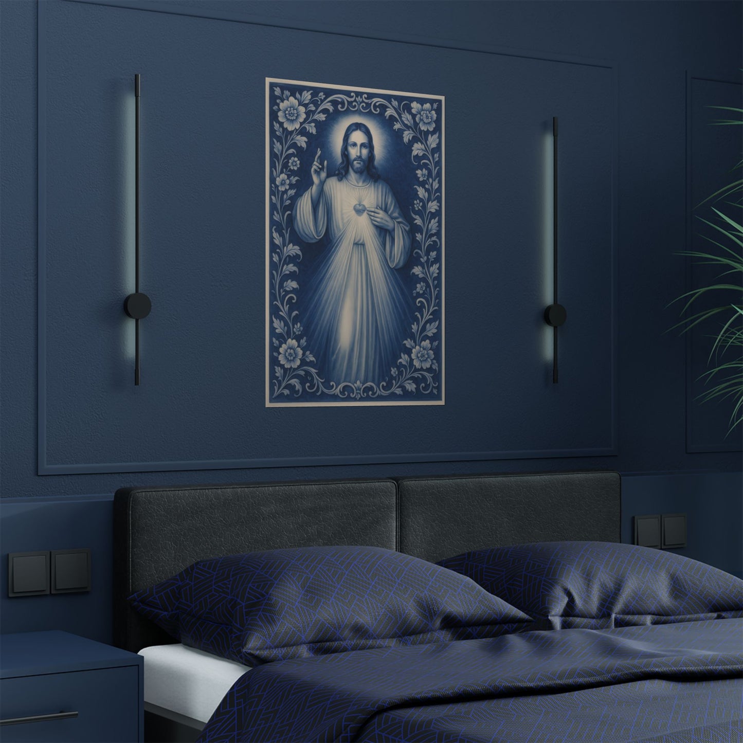 Divine Mercy of Jesus Blue Chinoiserie Satin Poster Wall Art, Catholic Christian Print, Delft Porcelain Inspired Decor, Sacred Heart