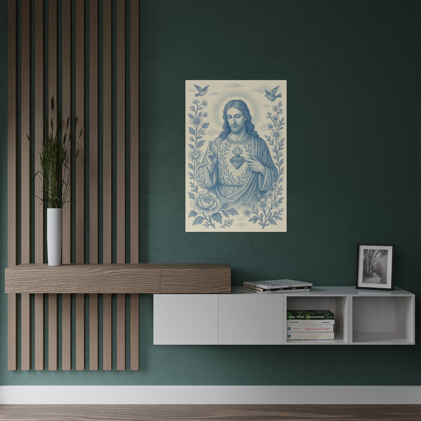 Sacred Heart of Jesus Blue and White Chinoiserie Catholic Art Print Satin Poster, Faith Wall Decor 2:3 Ratio, Religious Home Decor, Unique