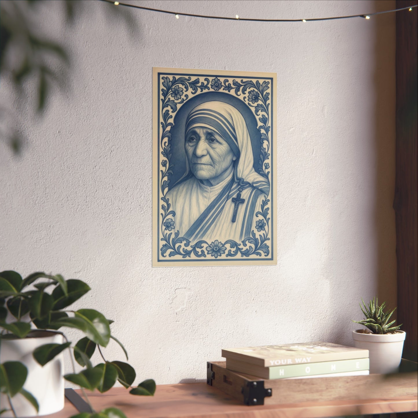 Religious Chinoiserie Poster, Mother Teresa Wall Art, Fine Art Posters for Catholics, Baroque Floral Border Print, Inspirational Catholic