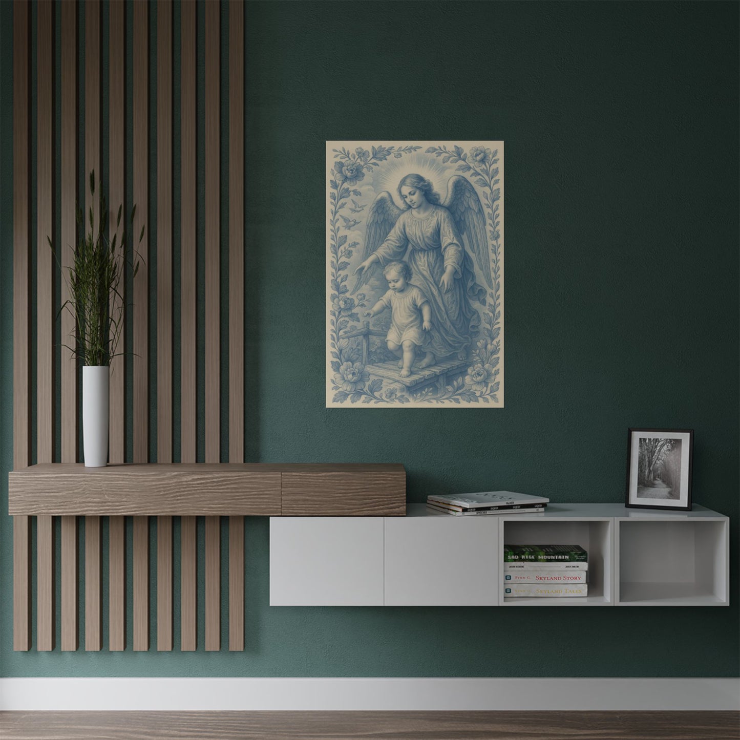 Satin Poster, Guardian Angel of Protection Catholic Christian Art Print, Soft Blue Chinoiserie, Confirmation, Nursery, Christmas Gift, Wall