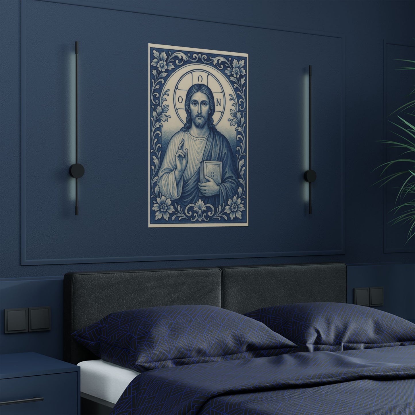 Jesus Christ Byzantine Poster in Delft Blue White Chinoiserie Style with Greek Halo Inscription "He Who Is" Religious Wall Art