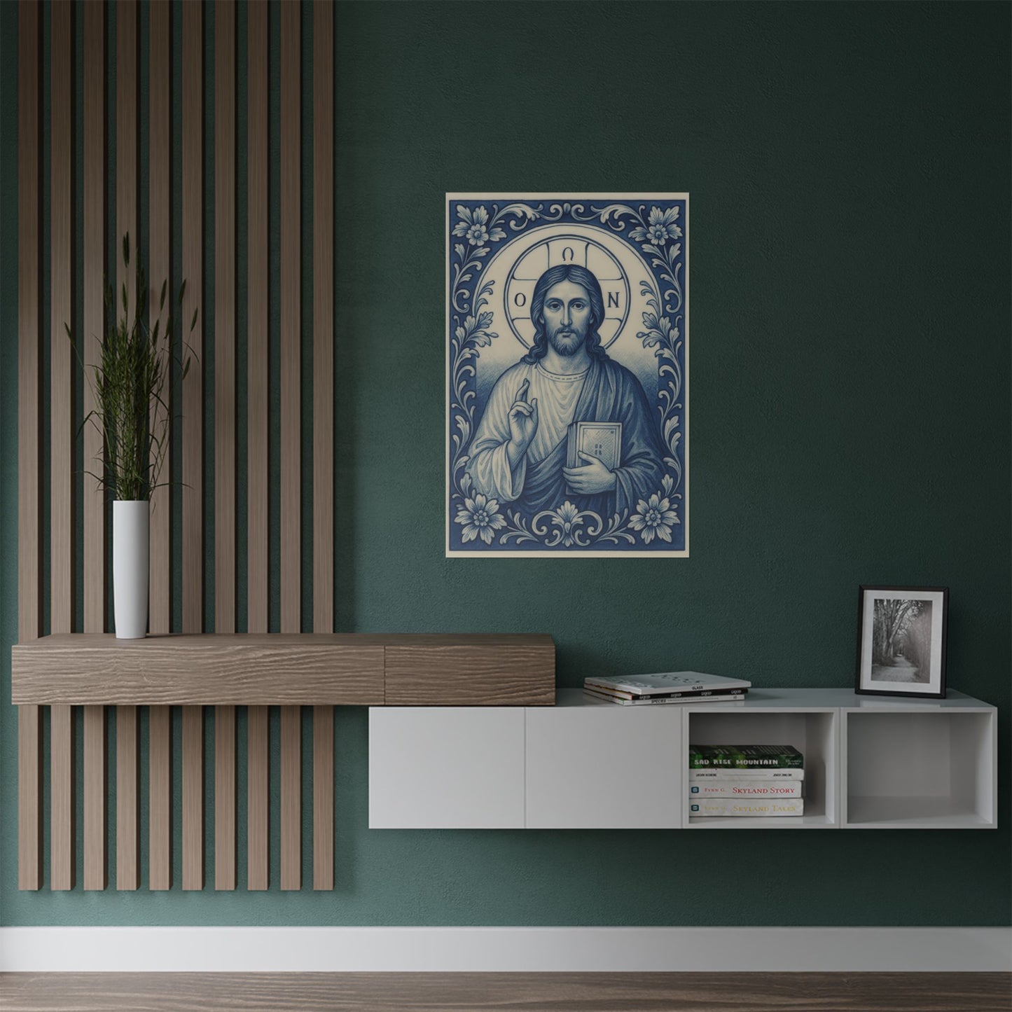 Jesus Christ Byzantine Poster in Delft Blue White Chinoiserie Style with Greek Halo Inscription "He Who Is" Religious Wall Art