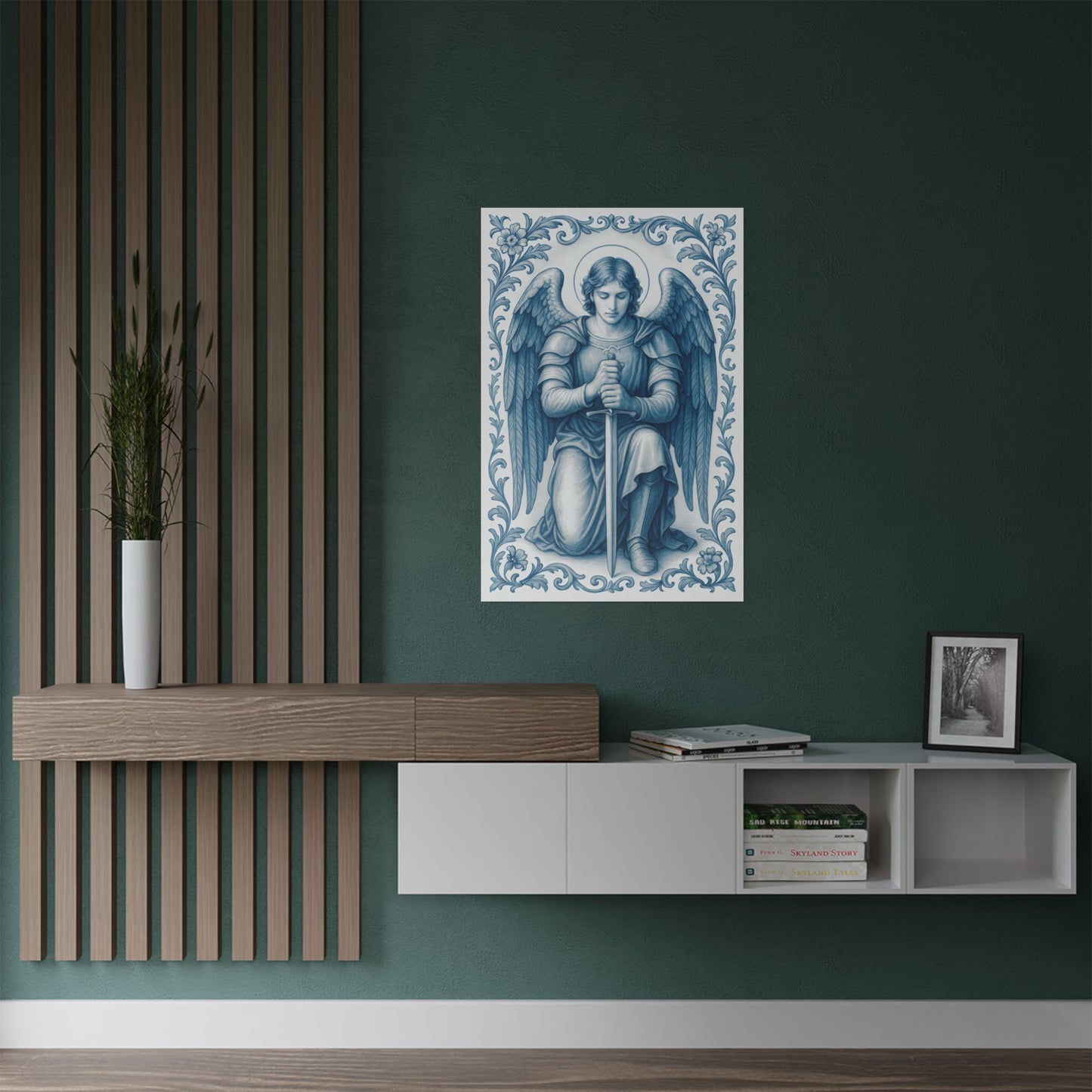 Saint Michael Catholic Christian Decor, Religious Satin Poster, Soft Blue Chinoiserie Wall Art Print, Confirmation, Nursery, Christmas gift