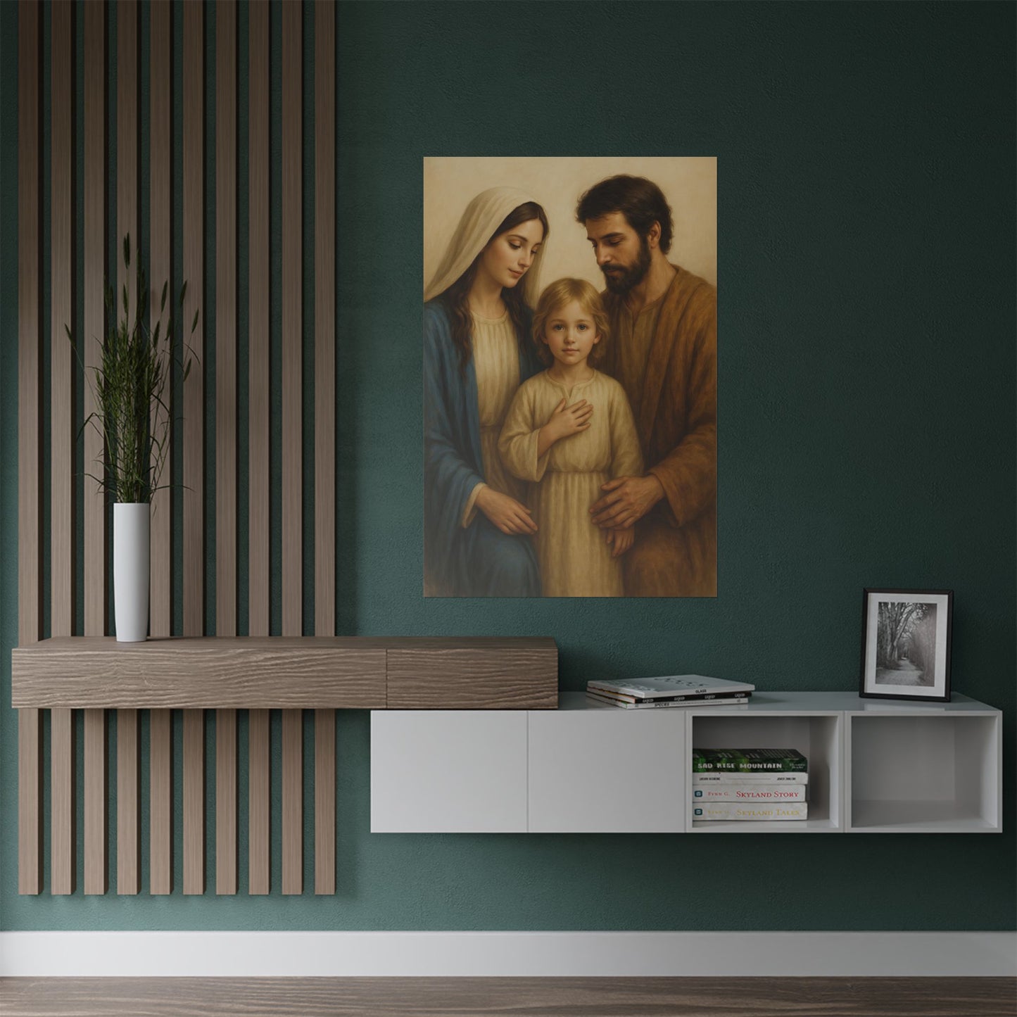 Religious Satin Poster, Catholic Wall Decor of Holy Family - Virgin Mary, St Joseph, Young Jesus, Christian Home Blessing Gift, Religious