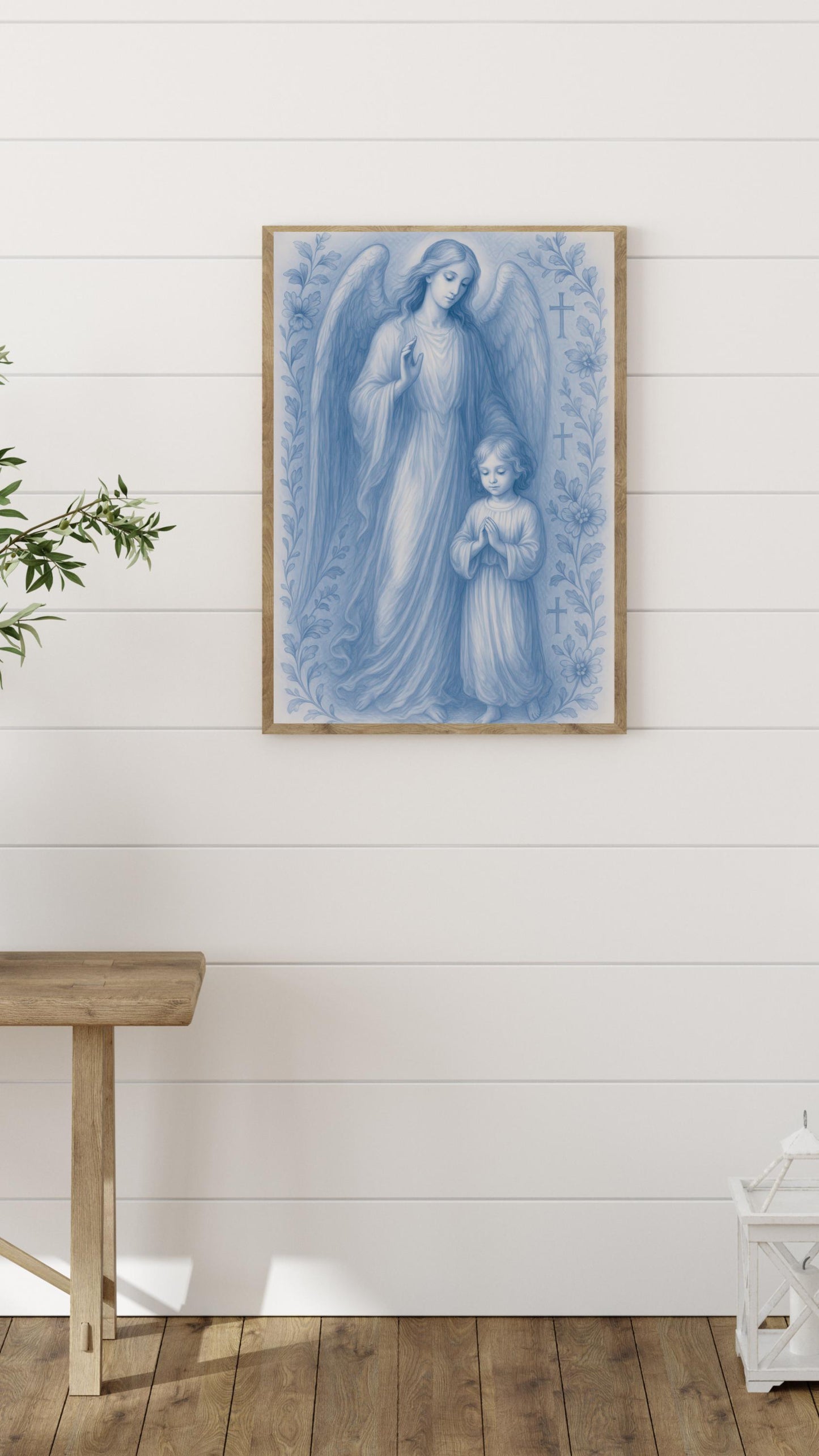 Guardian Angel and Child Chinoiserie Style Digital Print, Blue Nursery Wall Art (Instant Download)