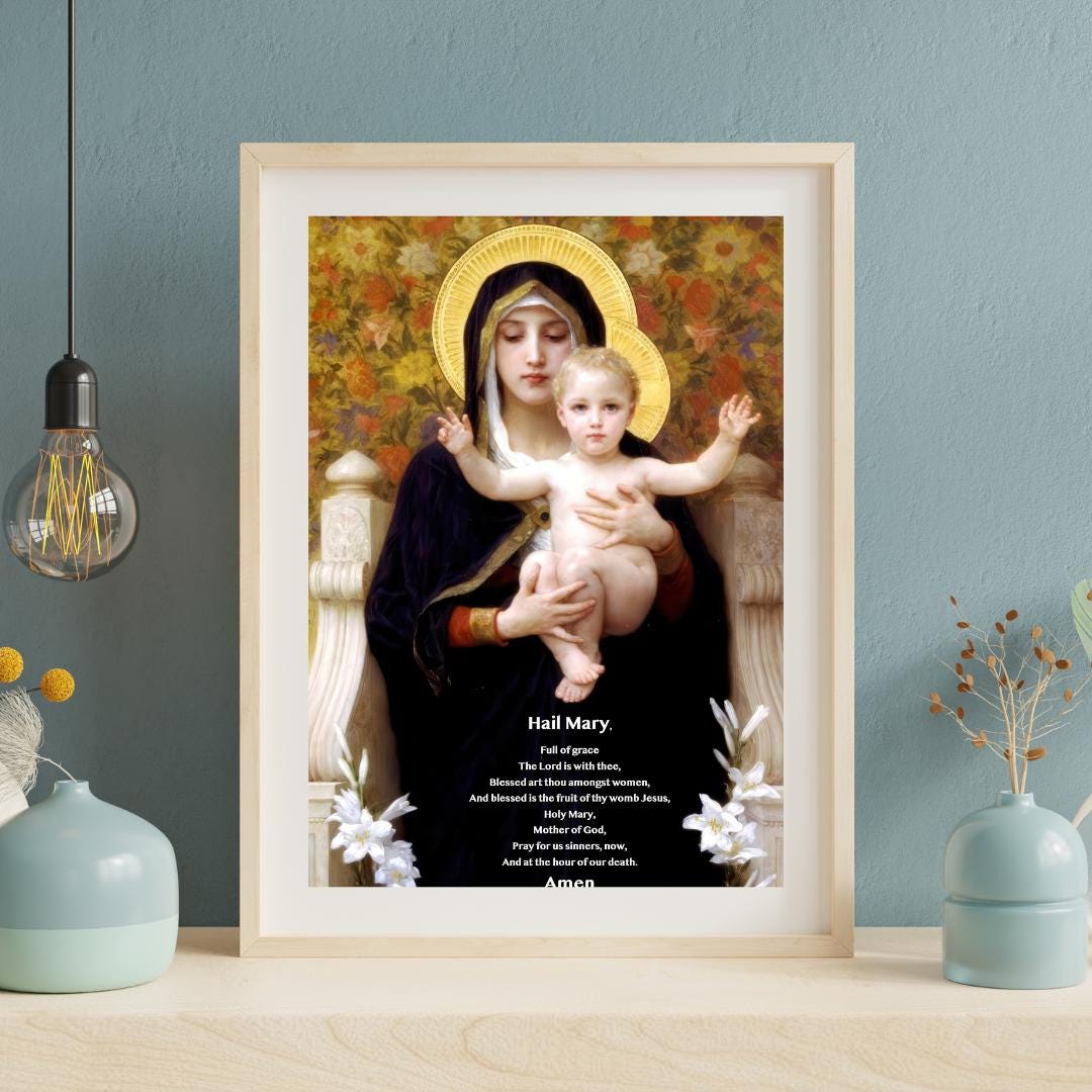 Hail Mary Prayer Art Print: Madonna of the Lilies, Christian Wall Art ⬇️ Digital Download