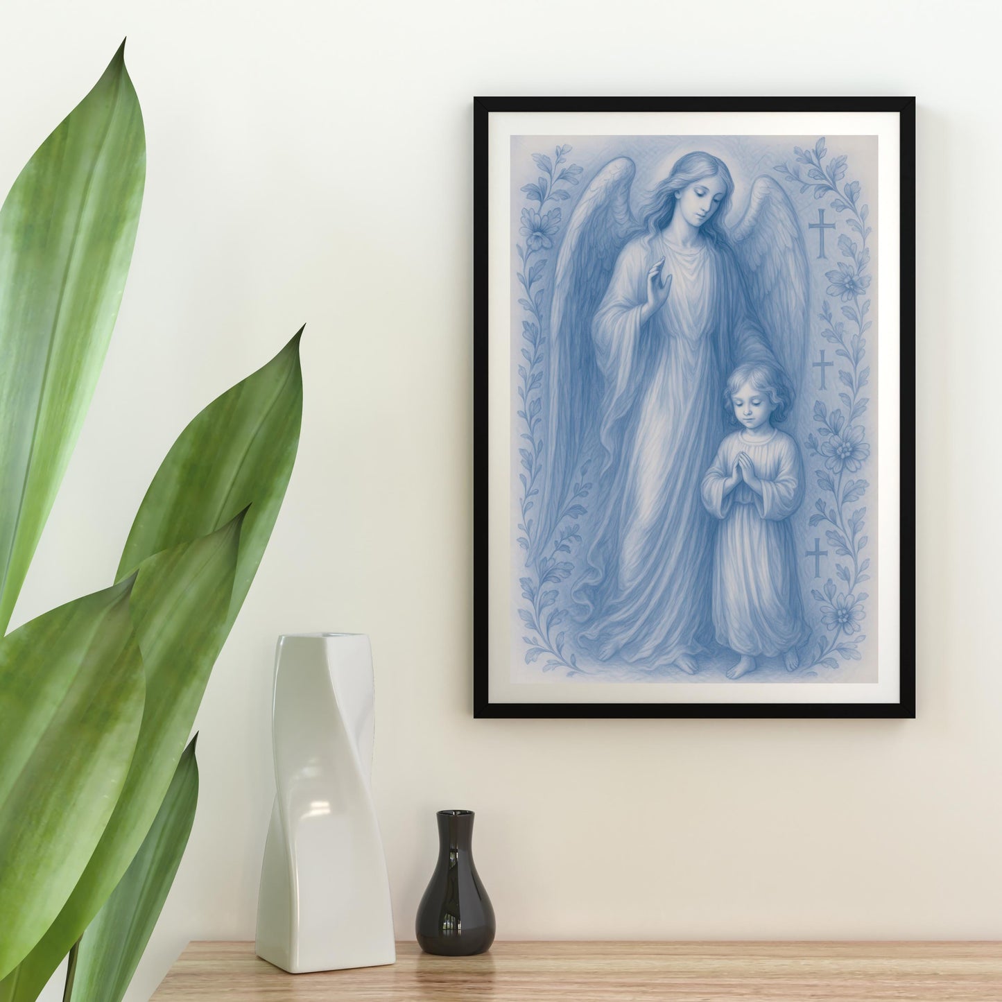 Guardian Angel and Child Chinoiserie Style Digital Print, Blue Nursery Wall Art (Instant Download)