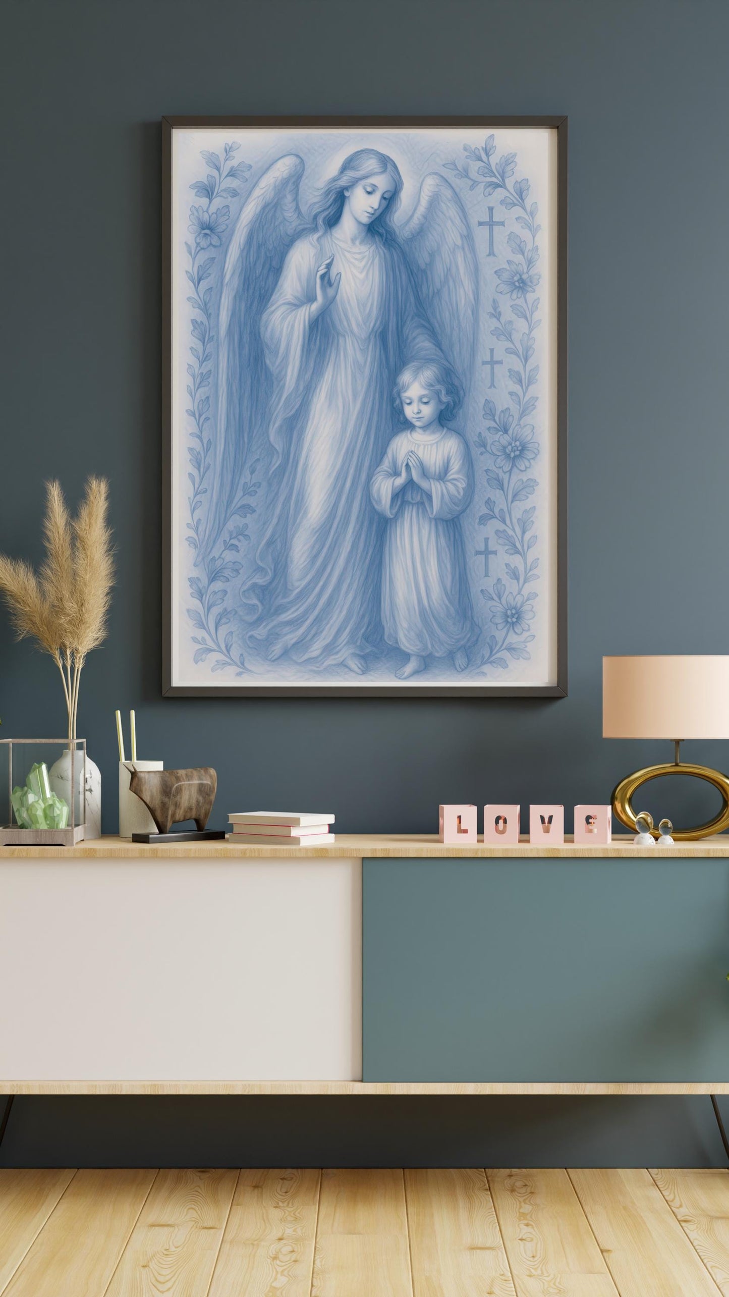 Guardian Angel and Child Chinoiserie Style Digital Print, Blue Nursery Wall Art (Instant Download)