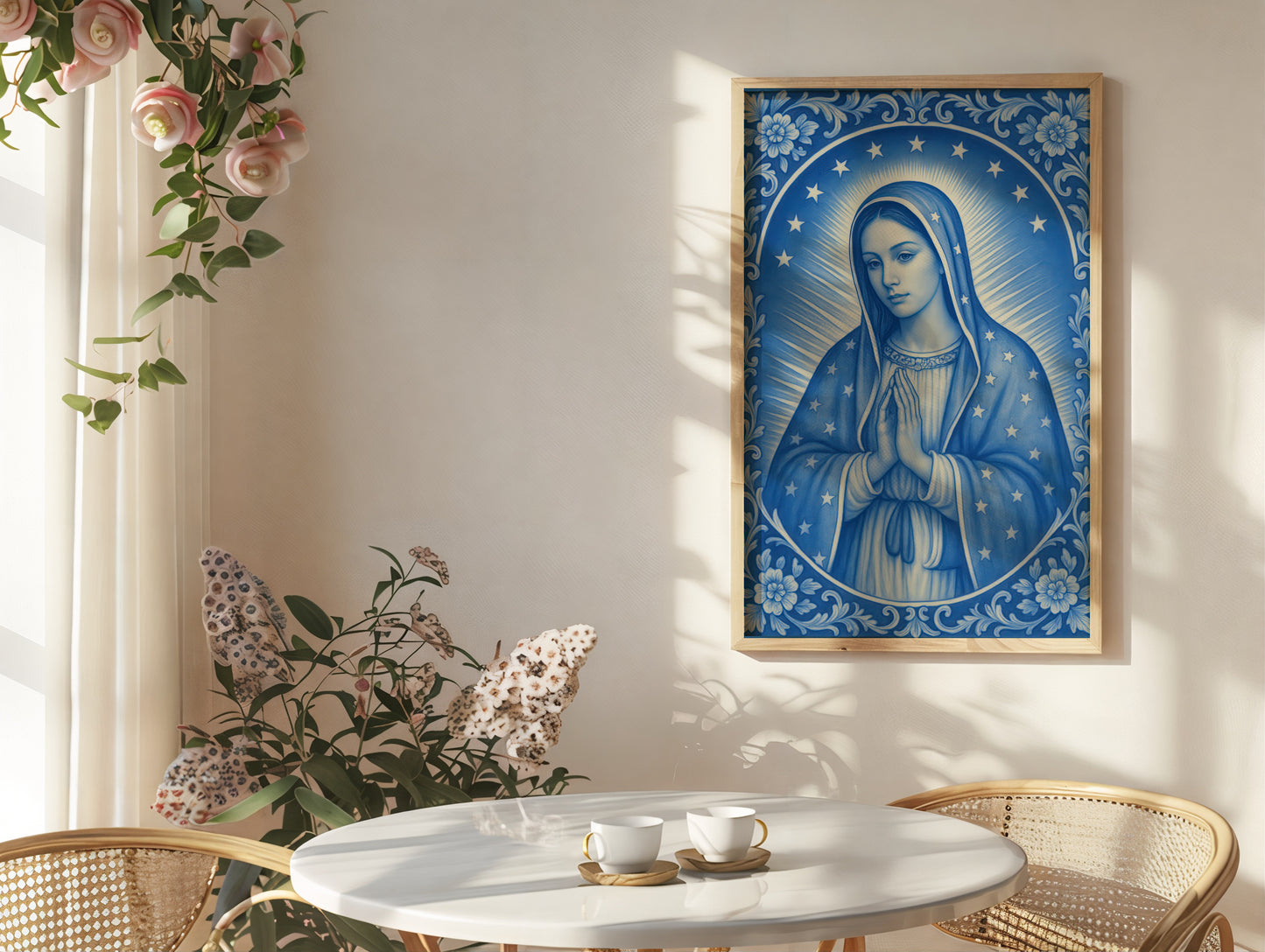 Virgin Mary of Guadaloupe Chinoiserie Style Satin Posters Portrait for Home Decor, Confirmation, Housewarming or Festive Giving