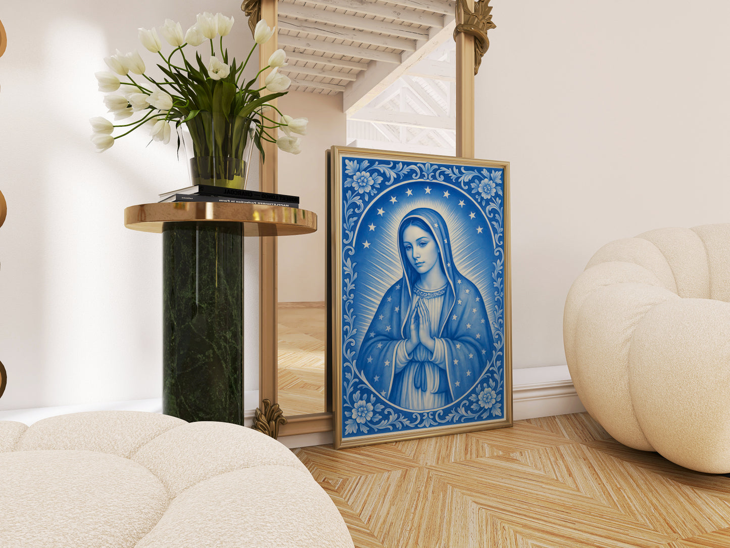 Virgin Mary of Guadaloupe Chinoiserie Style Satin Posters Portrait for Home Decor, Confirmation, Housewarming or Festive Giving