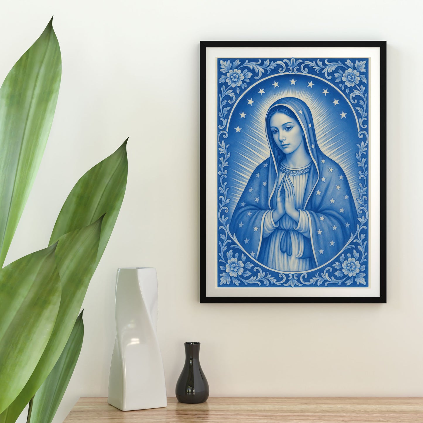 Virgin Mary of Guadaloupe Chinoiserie Style Satin Posters Portrait for Home Decor, Confirmation, Housewarming or Festive Giving