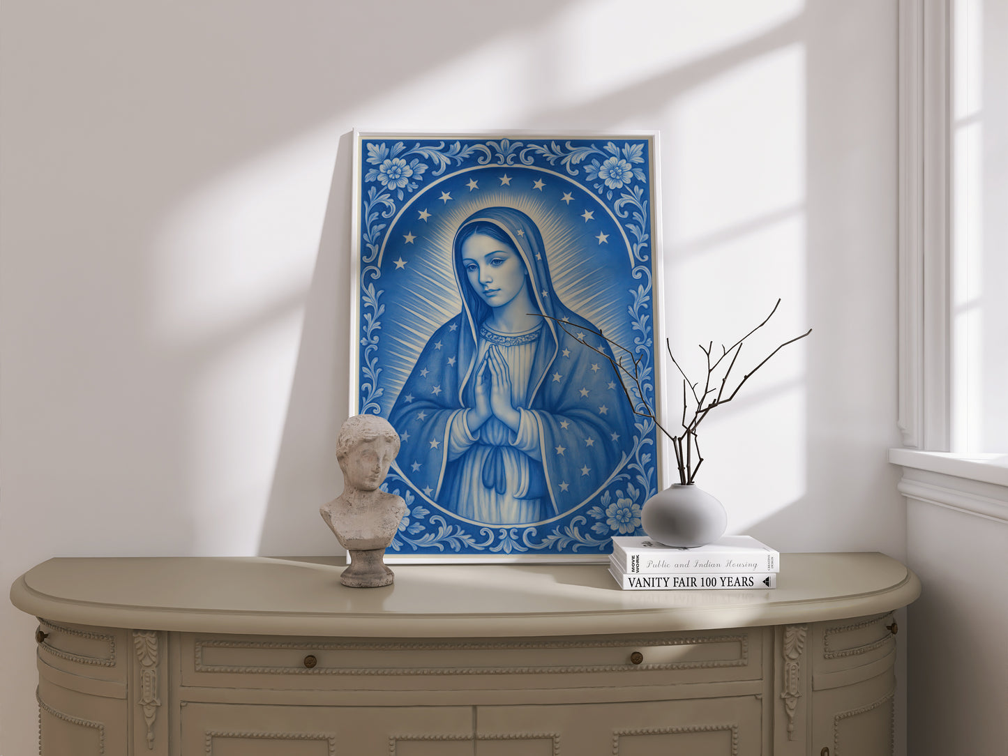 Virgin Mary of Guadaloupe Chinoiserie Style Satin Posters Portrait for Home Decor, Confirmation, Housewarming or Festive Giving