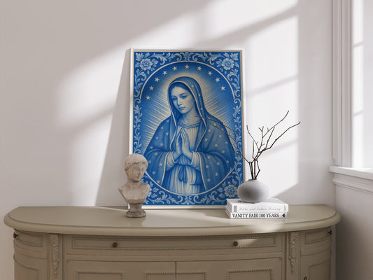 Virgin Mary of Guadaloupe Chinoiserie Style Satin Posters Portrait for Home Decor, Confirmation, Housewarming or Festive Giving