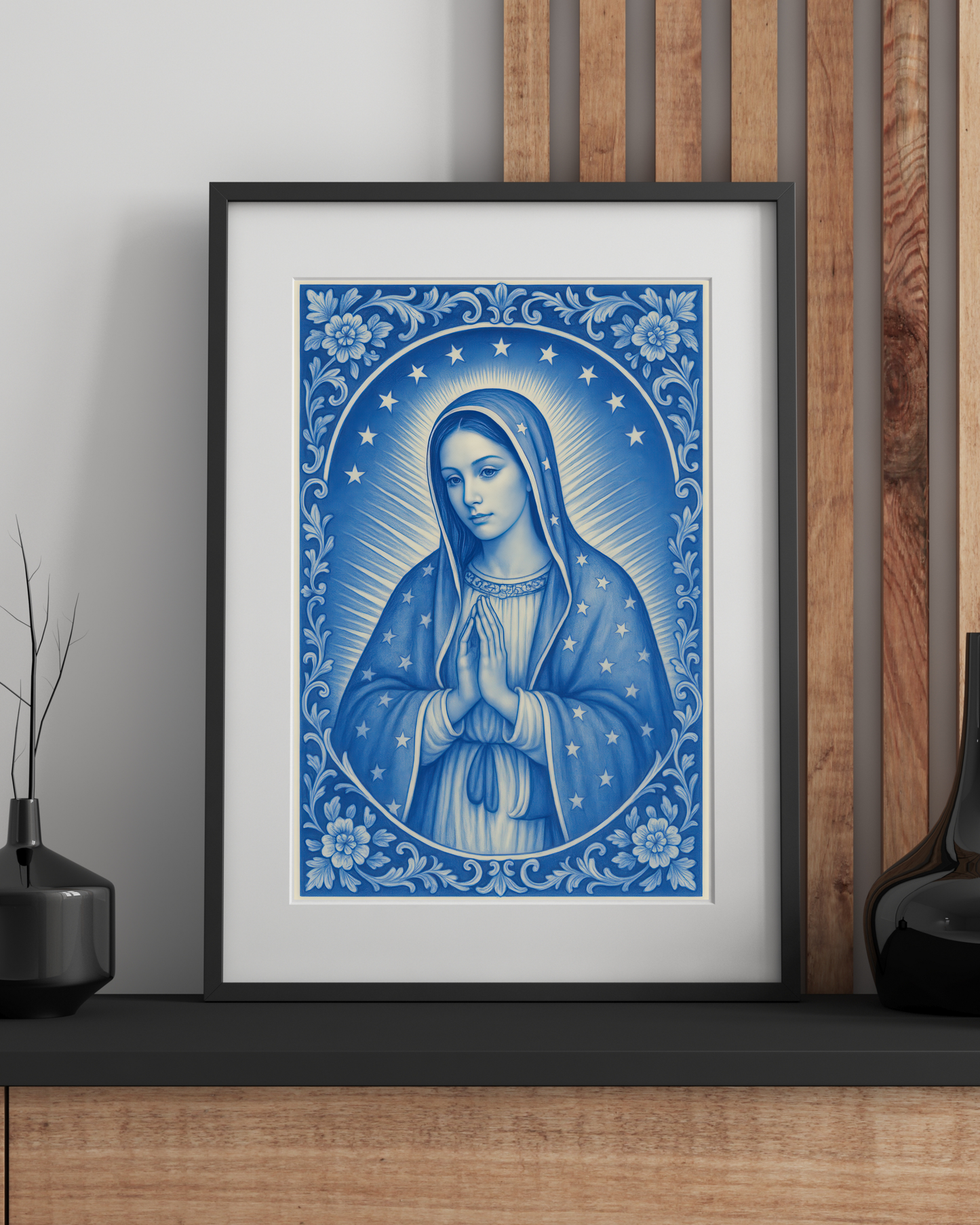 Virgin Mary of Guadaloupe Chinoiserie Style Satin Posters Portrait for Home Decor, Confirmation, Housewarming or Festive Giving