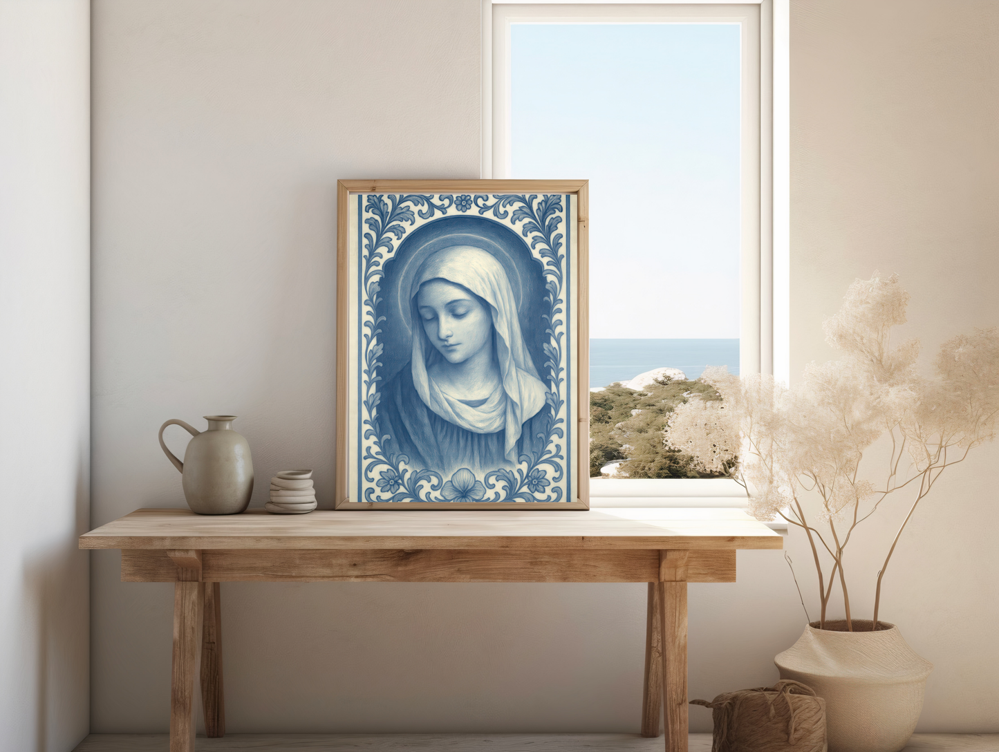 Religious Catholic Fine Art Posters, Virgin Mary Chinoiserie Style Blue and White Portrait Art Print, Vintage Inspired Icon, Wall Poster