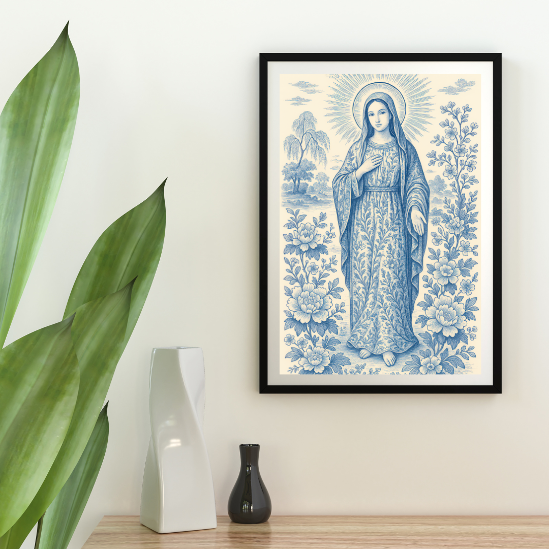 Religious Chinoiserie Vertical Posters, Matte Wall Art, Virgin Mary Decor, Christian Home Decoration, Spiritual Prints