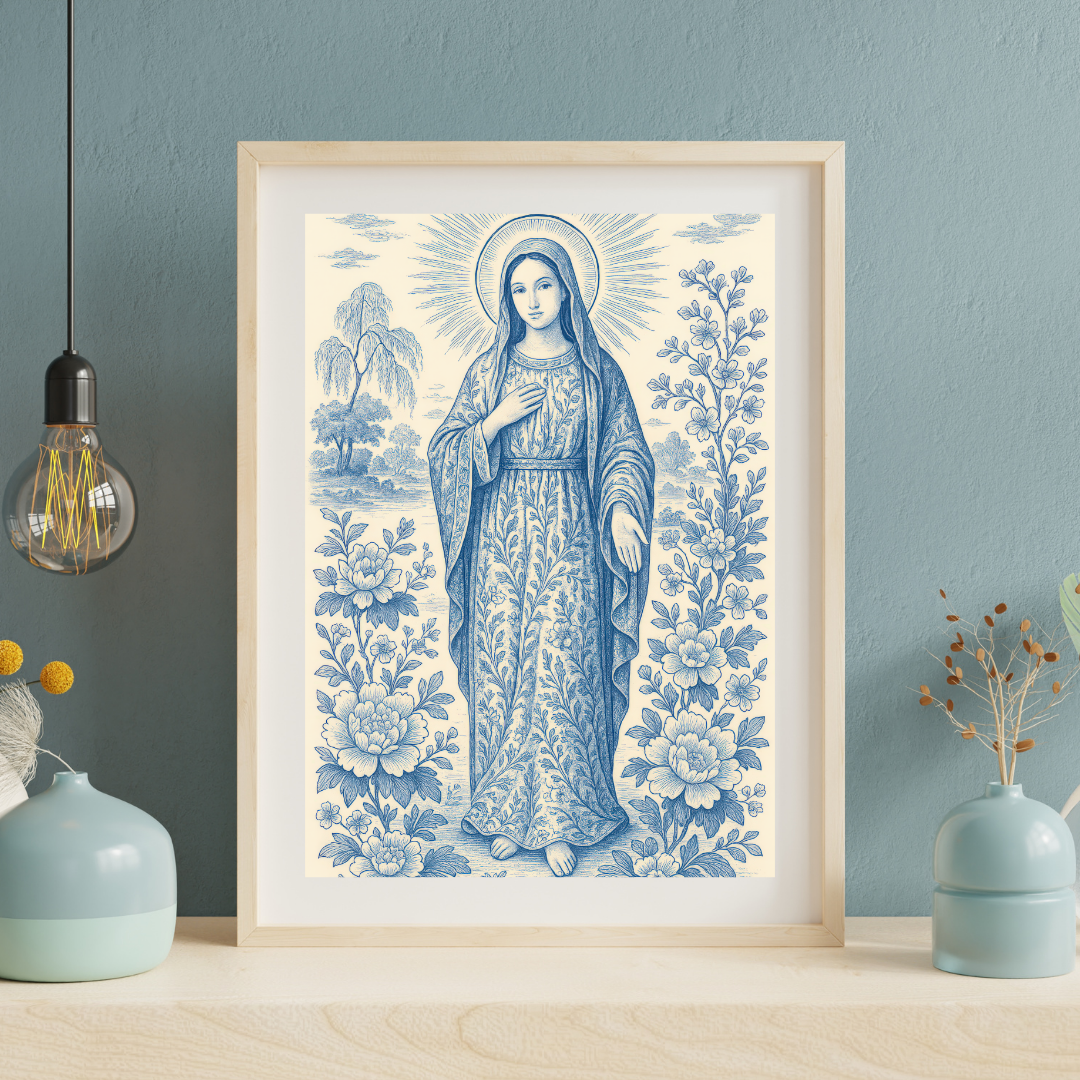 Religious Chinoiserie Vertical Posters, Matte Wall Art, Virgin Mary Decor, Christian Home Decoration, Spiritual Prints