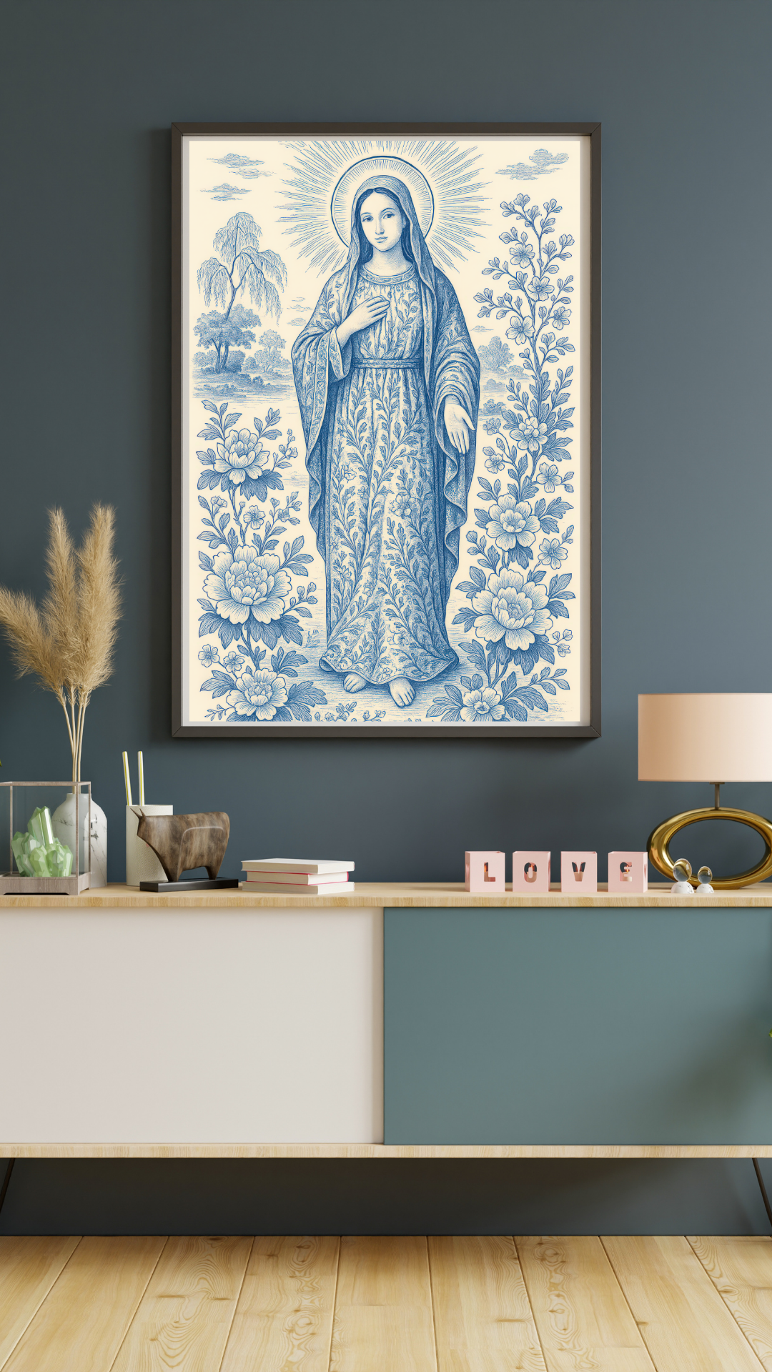 Religious Chinoiserie Vertical Posters, Matte Wall Art, Virgin Mary Decor, Christian Home Decoration, Spiritual Prints