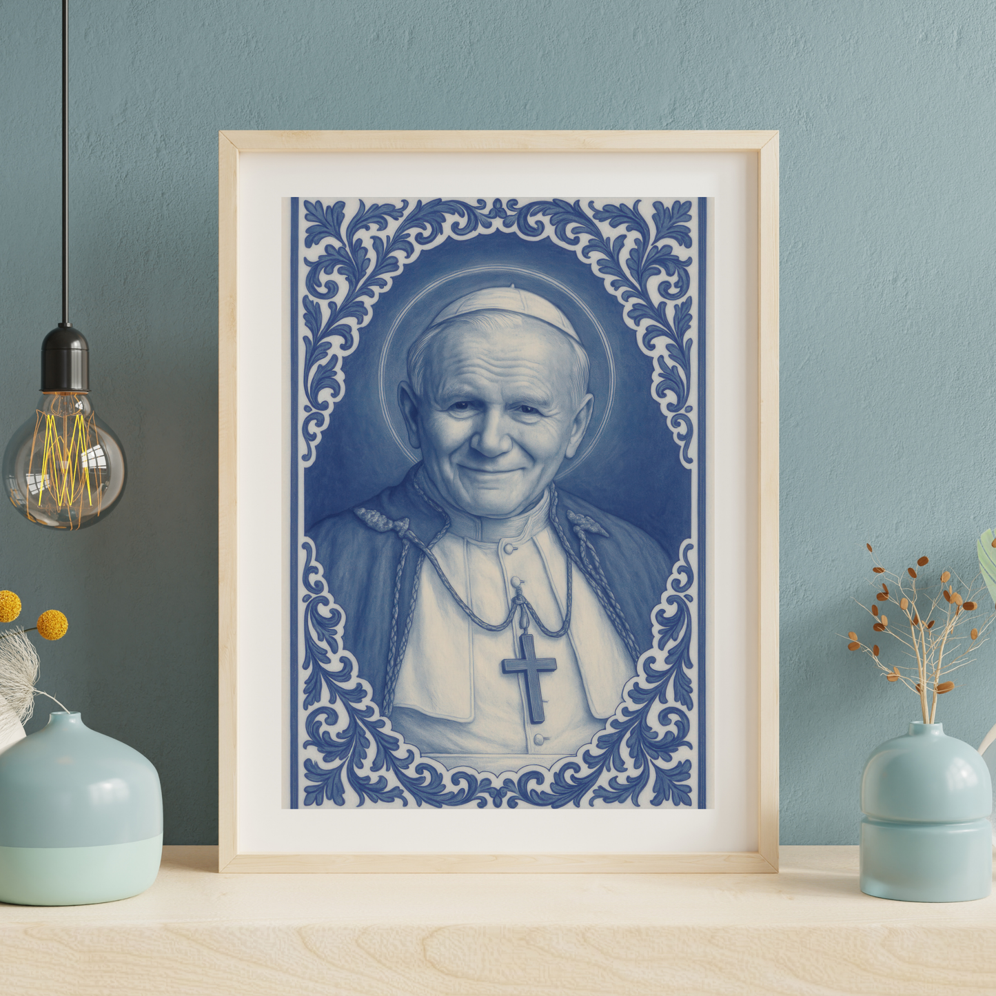 Religious Fine Art Posters, Catholic Wall Decor Print, Saint John Paul II Blue and White Chinoiserie Style Home Art Decoration, Religious