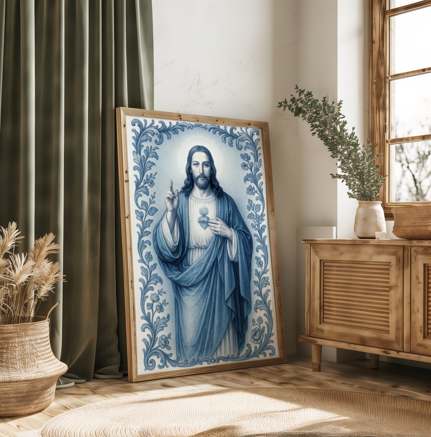 Sacred Heart Jesus Satin Poster — Chinoiserie Style Religious Wall Art