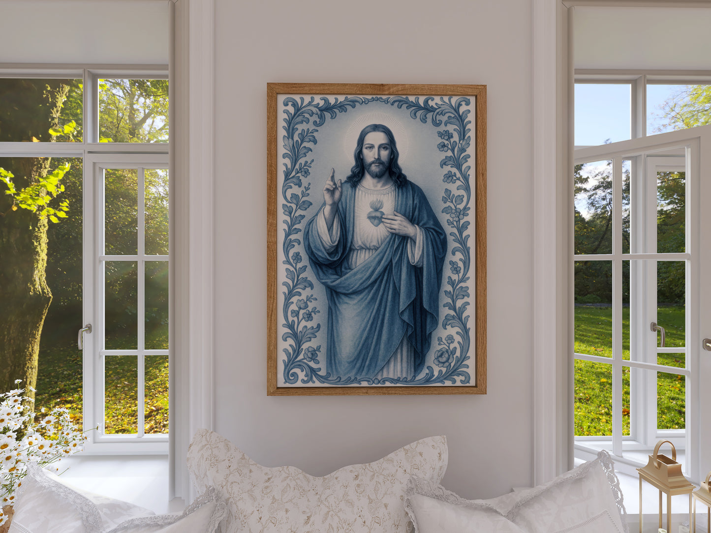 Sacred Heart Jesus Satin Poster — Chinoiserie Style Religious Wall Art