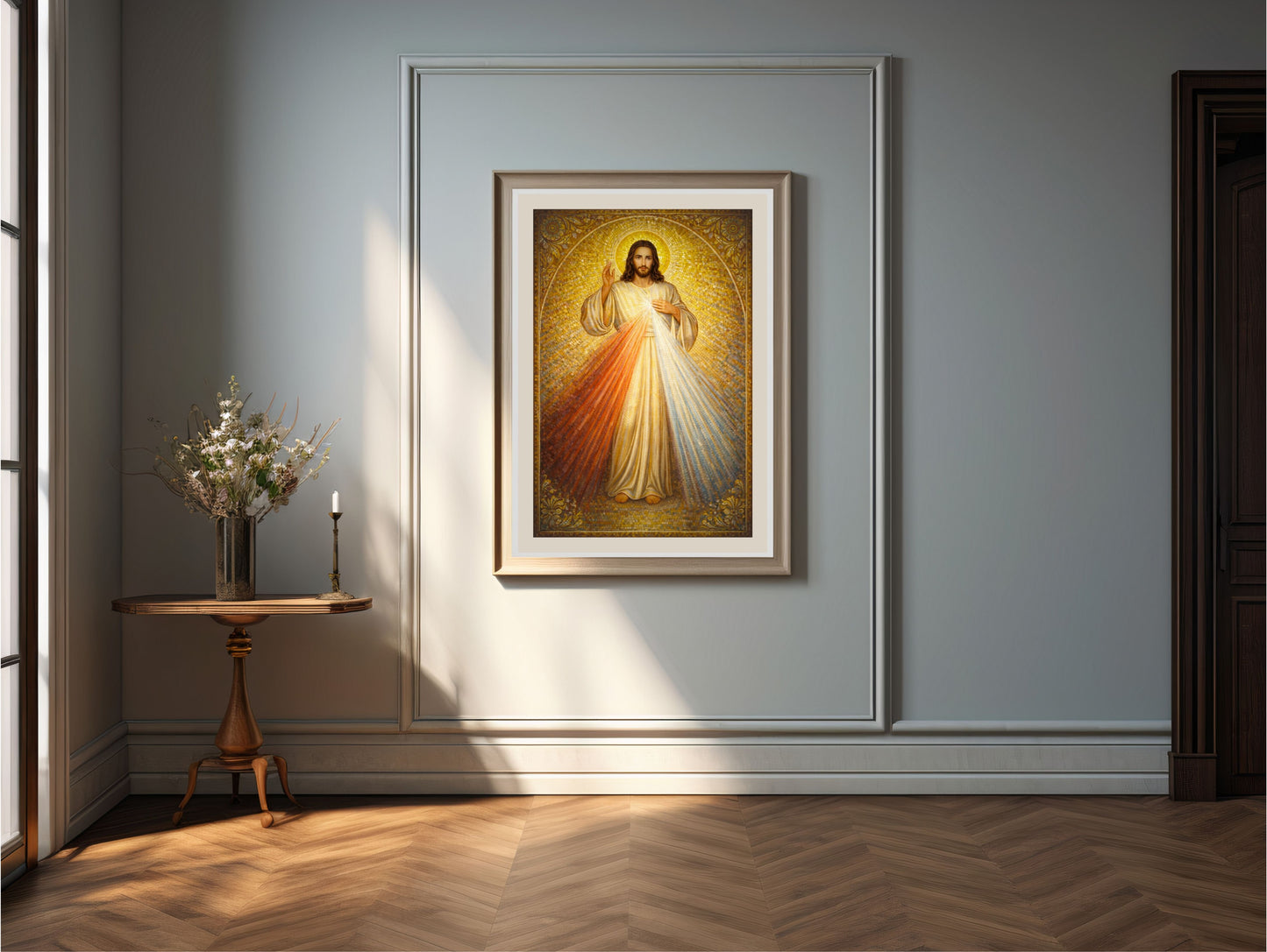 Divine Mercy of Jesus — Gold Mosaic Satin Poster (Religious Wall Art)