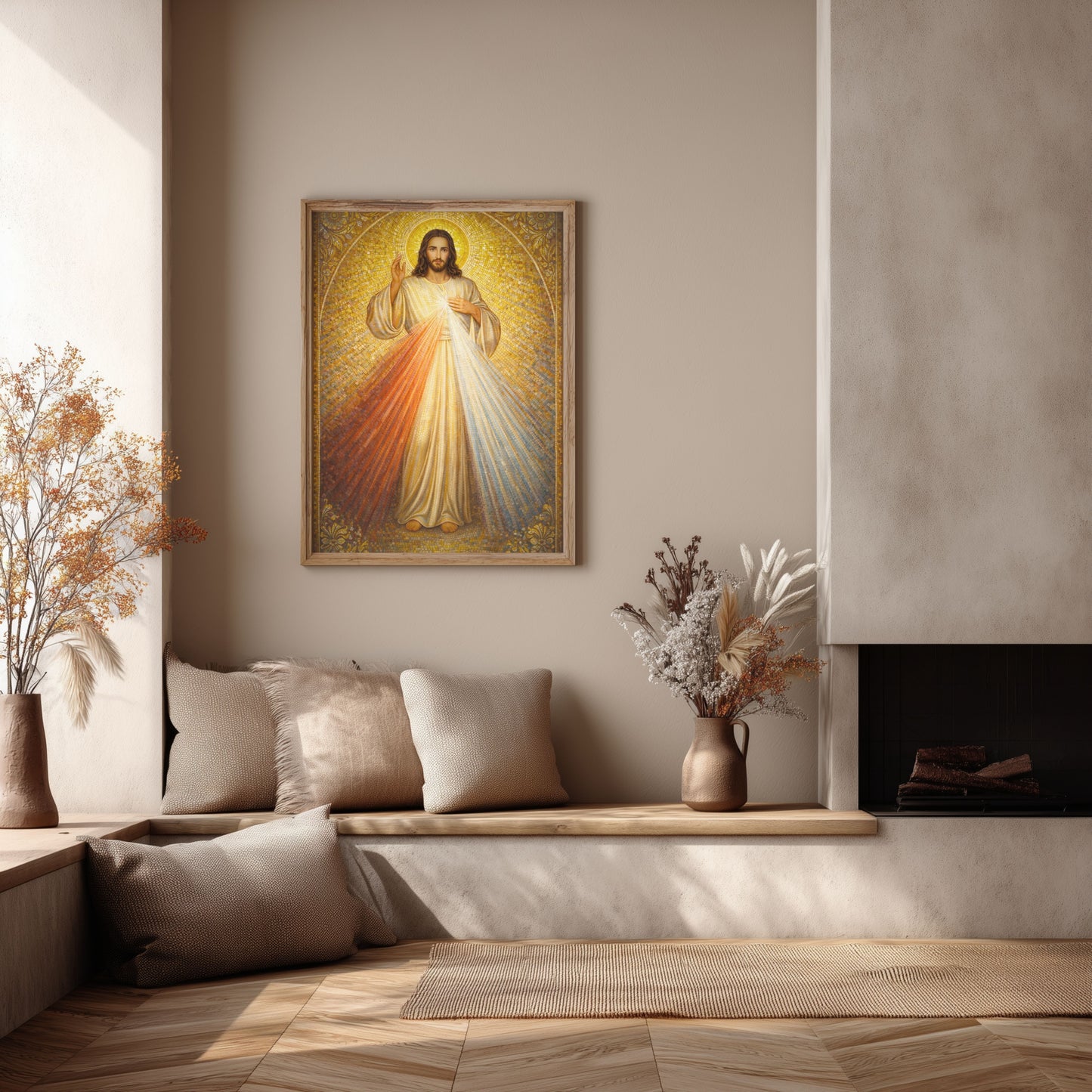 Divine Mercy of Jesus — Gold Mosaic Satin Poster (Religious Wall Art)