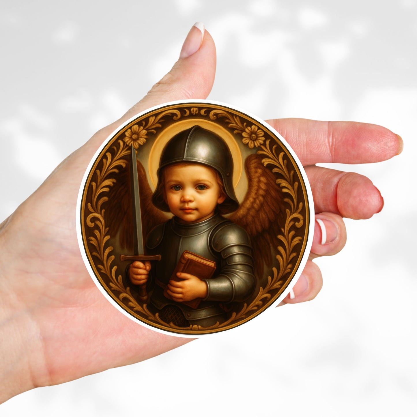 Baby Archangel St Michael Protection Round Sticker for Nursery. Perfect Baptism or Baby Shower Guardian Angel Sticker Gift.