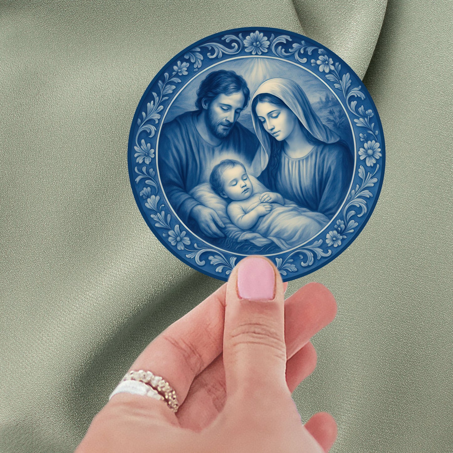 Holy Family Nativity Scene, Chinoiserie Kiss-Cut Stickers, Blue and White Christmas Decals, Religious Holiday Decor, Laptop Craft Supplies.