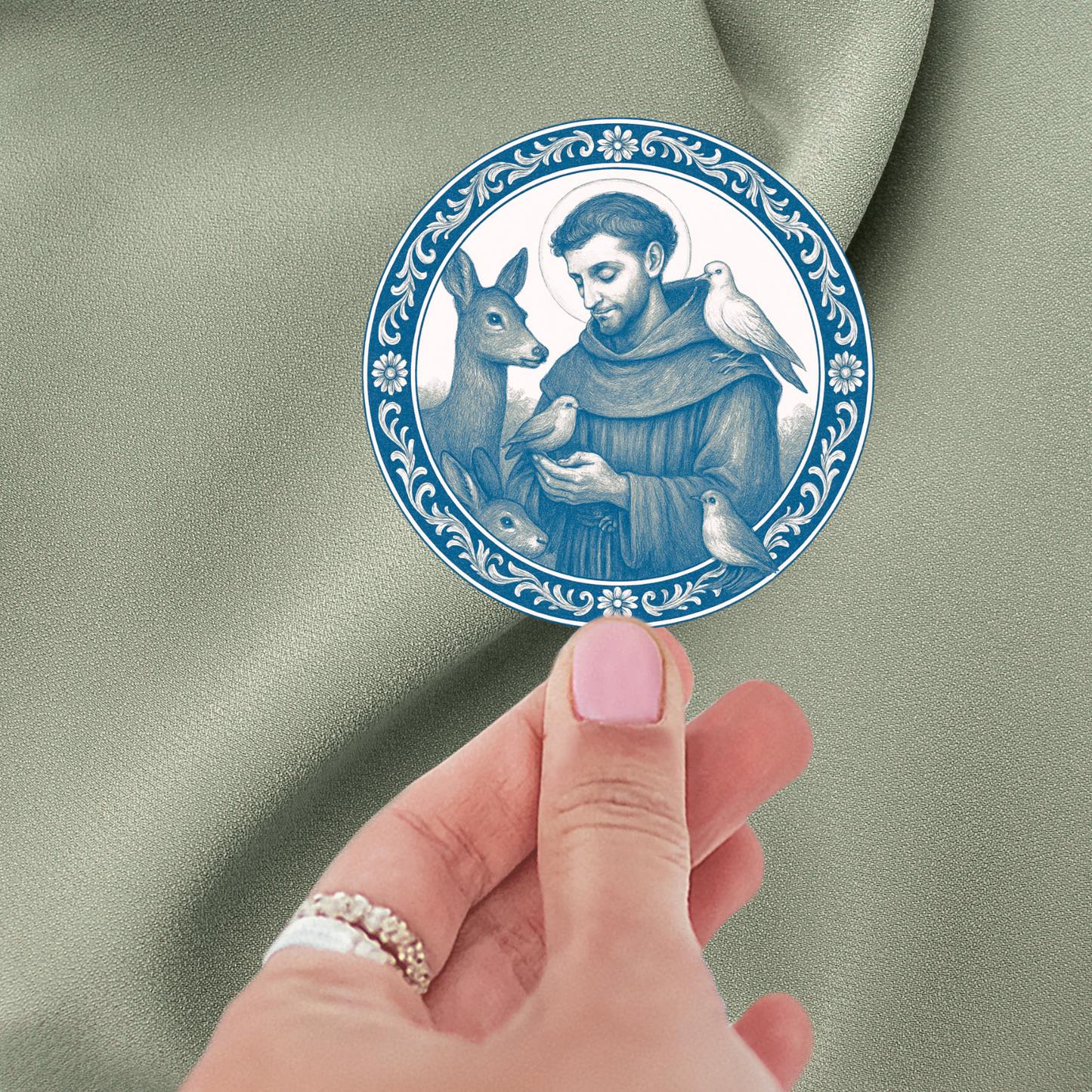 St. Francis of Assisi Chinoiserie Blue and White Sticker for Animal Lovers, Christian Gifts