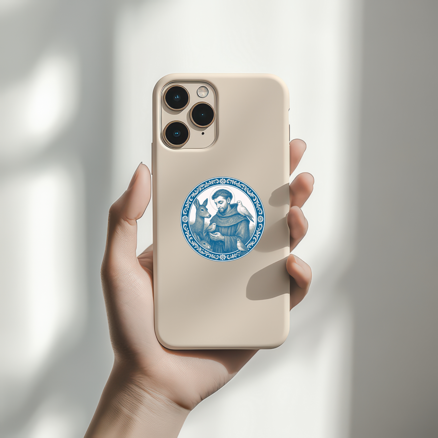 St. Francis of Assisi Chinoiserie Blue and White Sticker for Animal Lovers, Christian Gifts