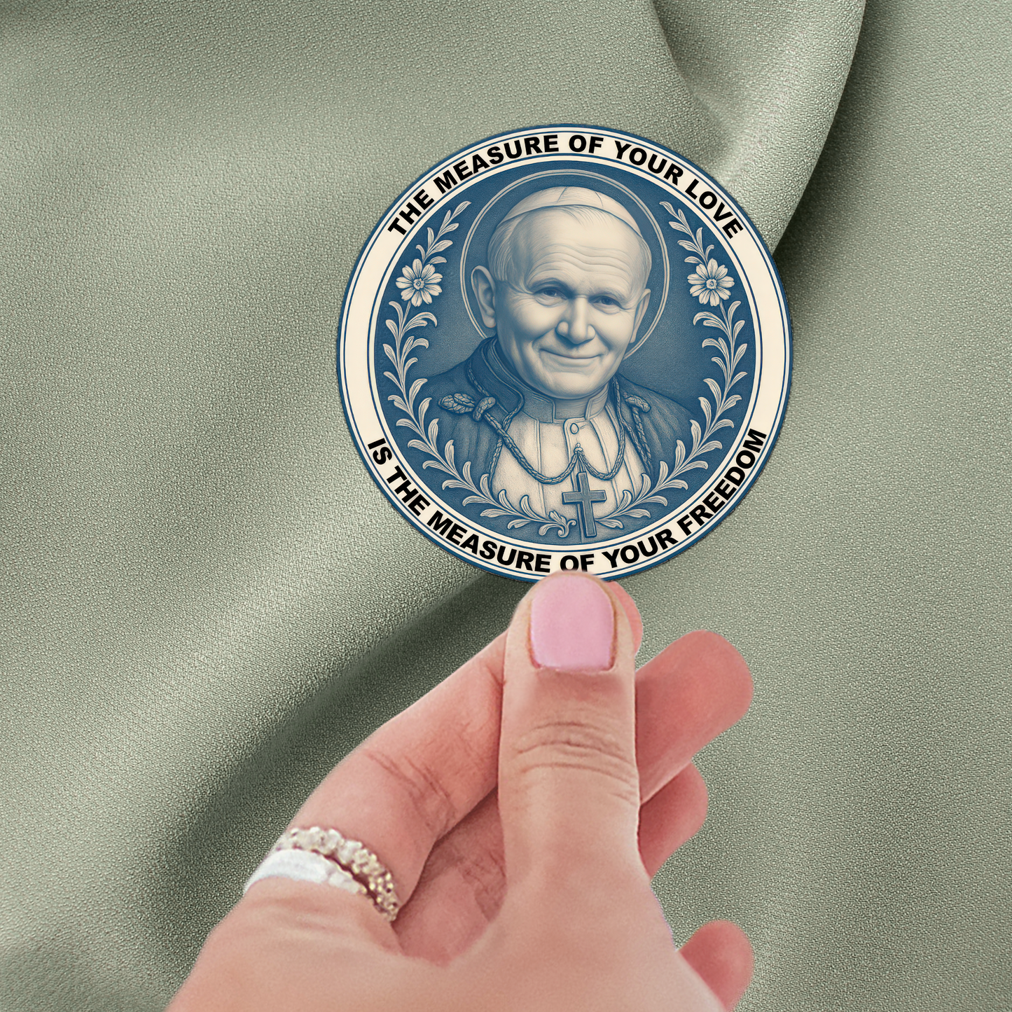 Saint Pope John Paul II Inspirational Quote, Religious Round Sticker - Blue White Chinoiserie, Baroque Style, Freedom Measure, Faith Decor,