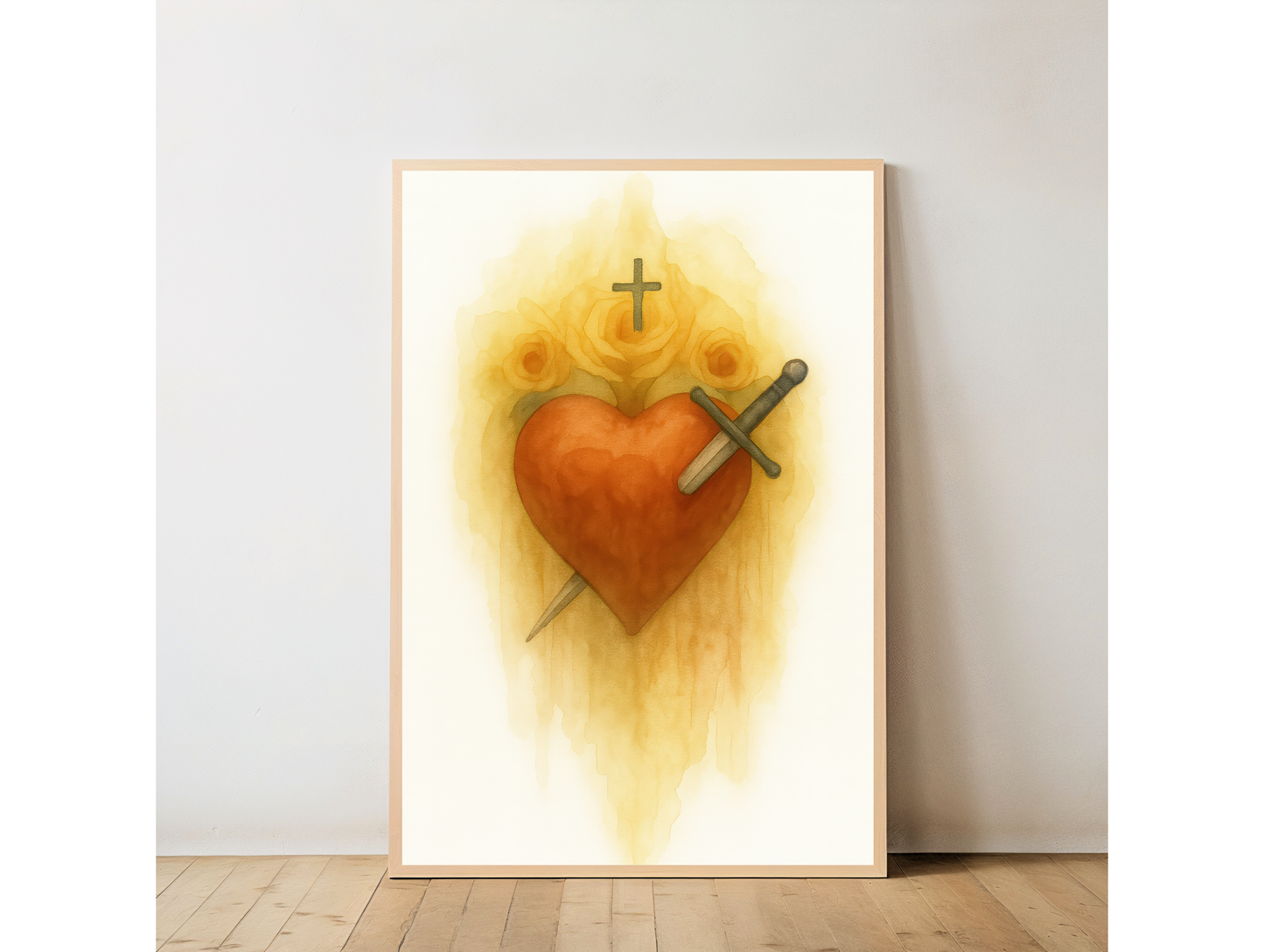 Virgin Mary Catholic Wall Decor, Immaculate Heart Watercolor Satin Poster Print Sacred Symbol With Roses and Dagger, Religious Art